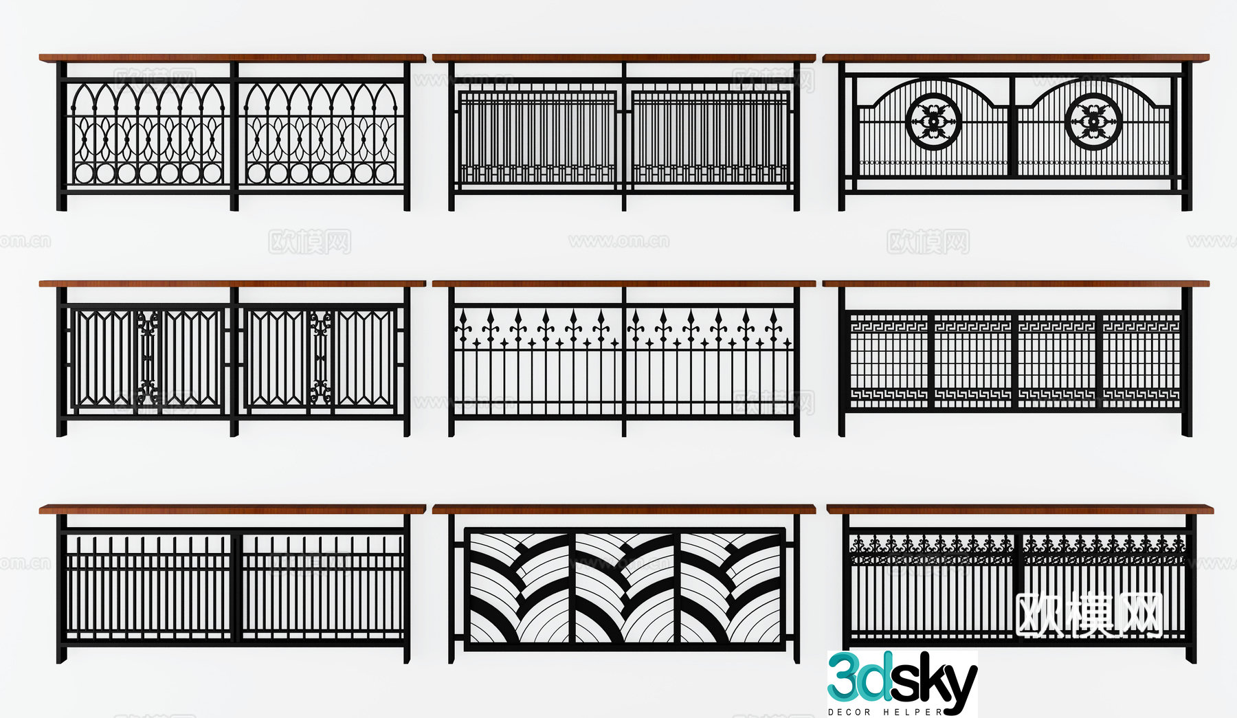 Modern wrought iron fence guardrail model 3d model
