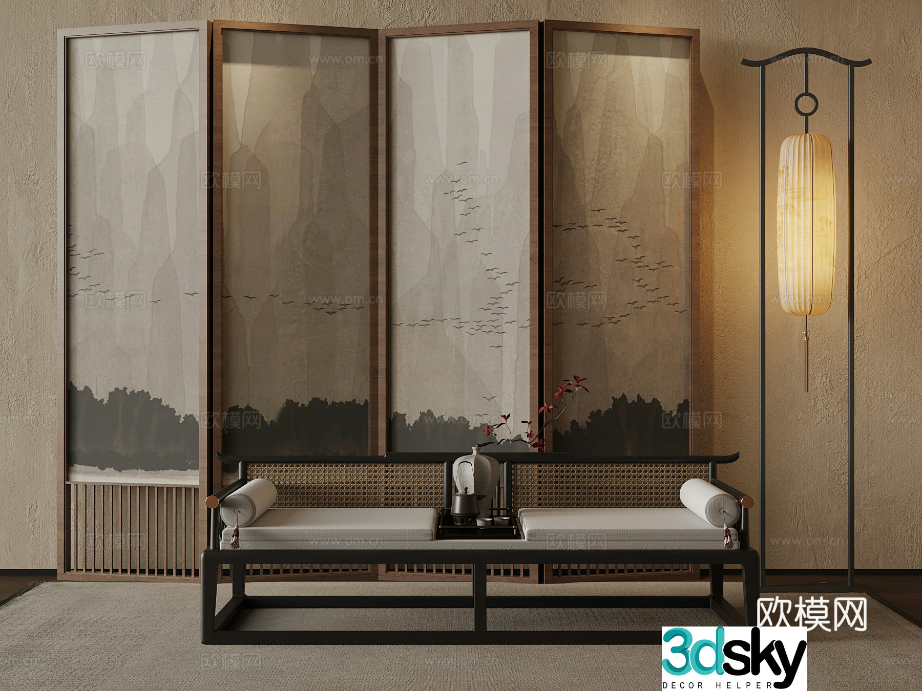 21 new Chinese style screen shoe changing stool floor lamp 3d model