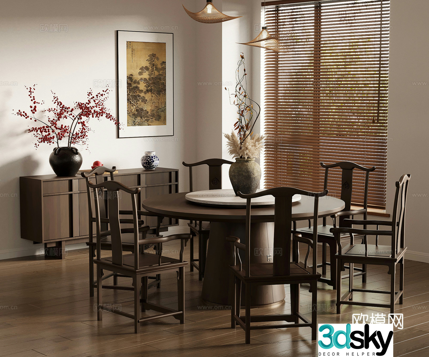 18 Restaurants New Chinese Restaurant Dining Table and Chair Combination Sideboard Green Plant 3D Model