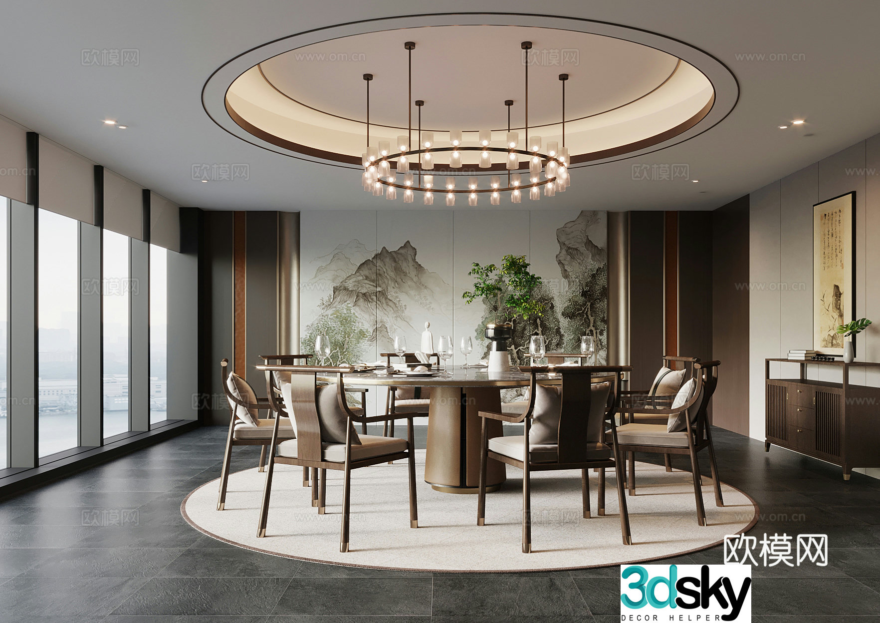 42 New Chinese Restaurant Dining Table and Chair Chandelier 3D Model