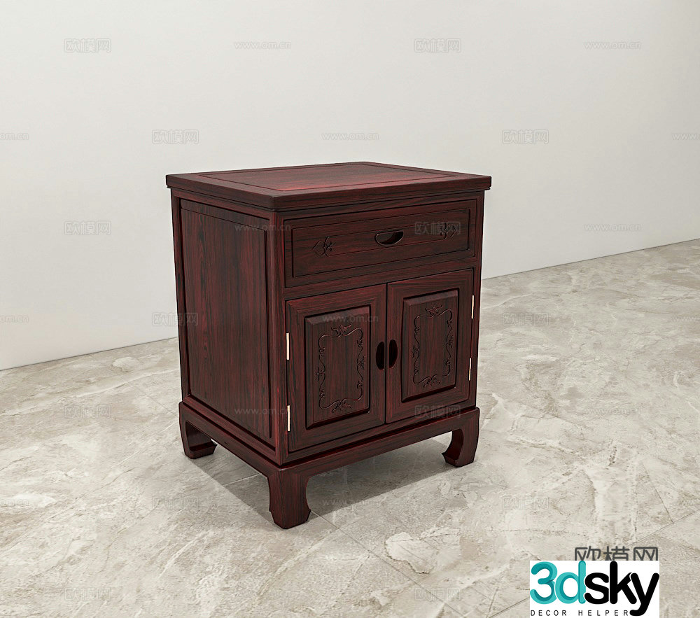 Chinese style bedside table carved cabinet door solid wood mahogany 3D model