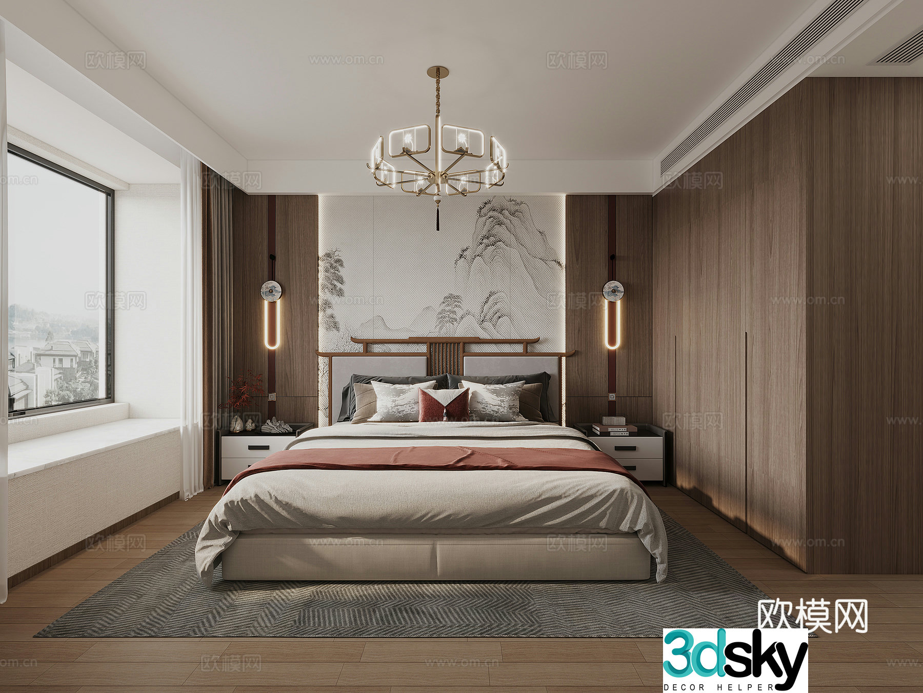 New Chinese style bedroom bedside table chandeliers wall lights 3d model
