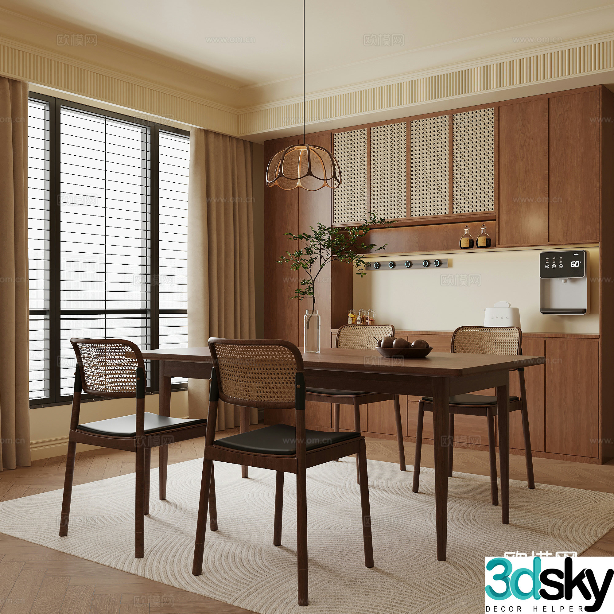 08 Restaurant Middle Style Restaurant Wine Cabinet Dining Table and Chair Combination 3D Model