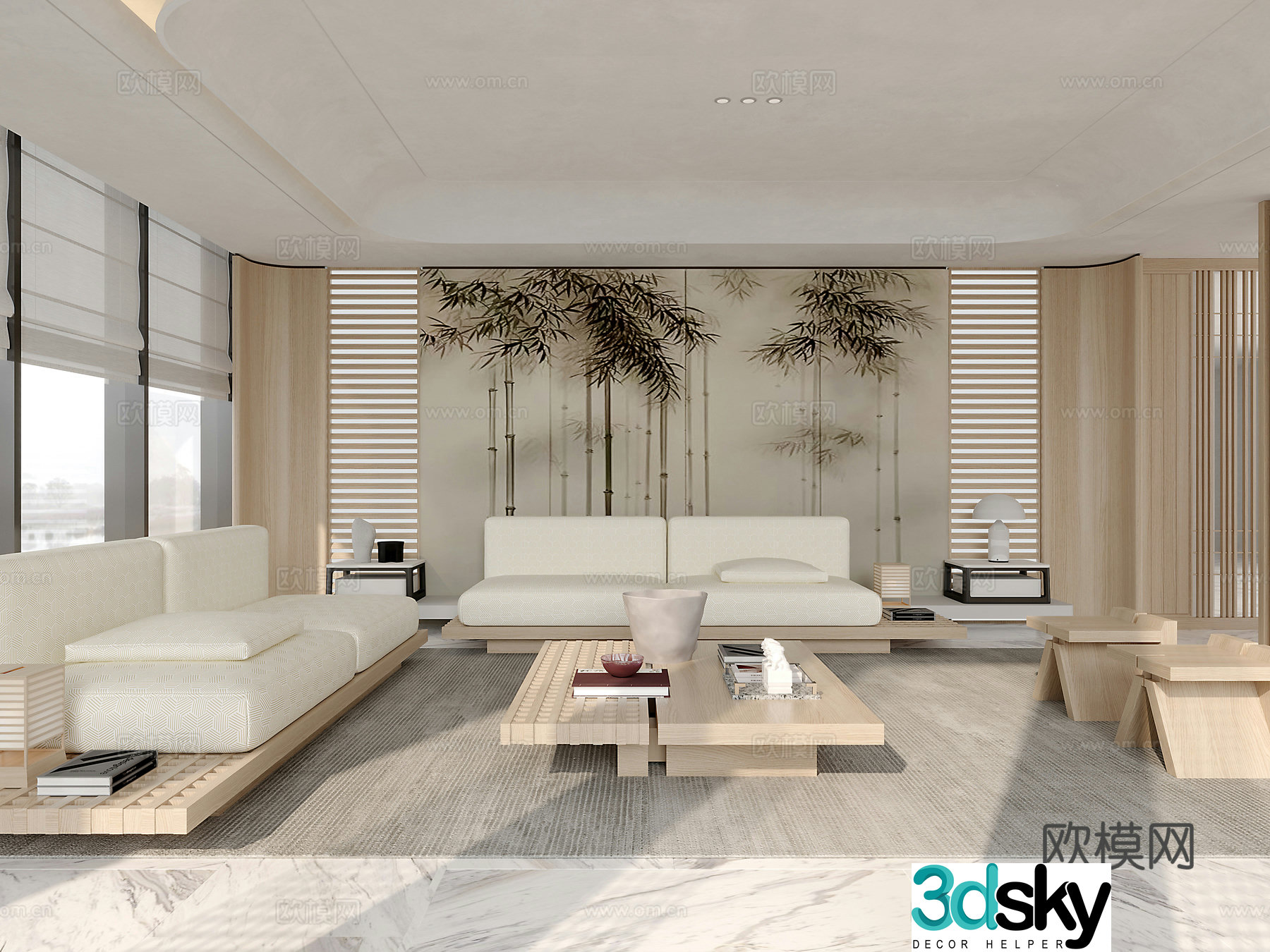 New Chinese style living room New Chinese style sofa Log wood outdoor sofa Stool coffee table Tofu block sofa 3D model