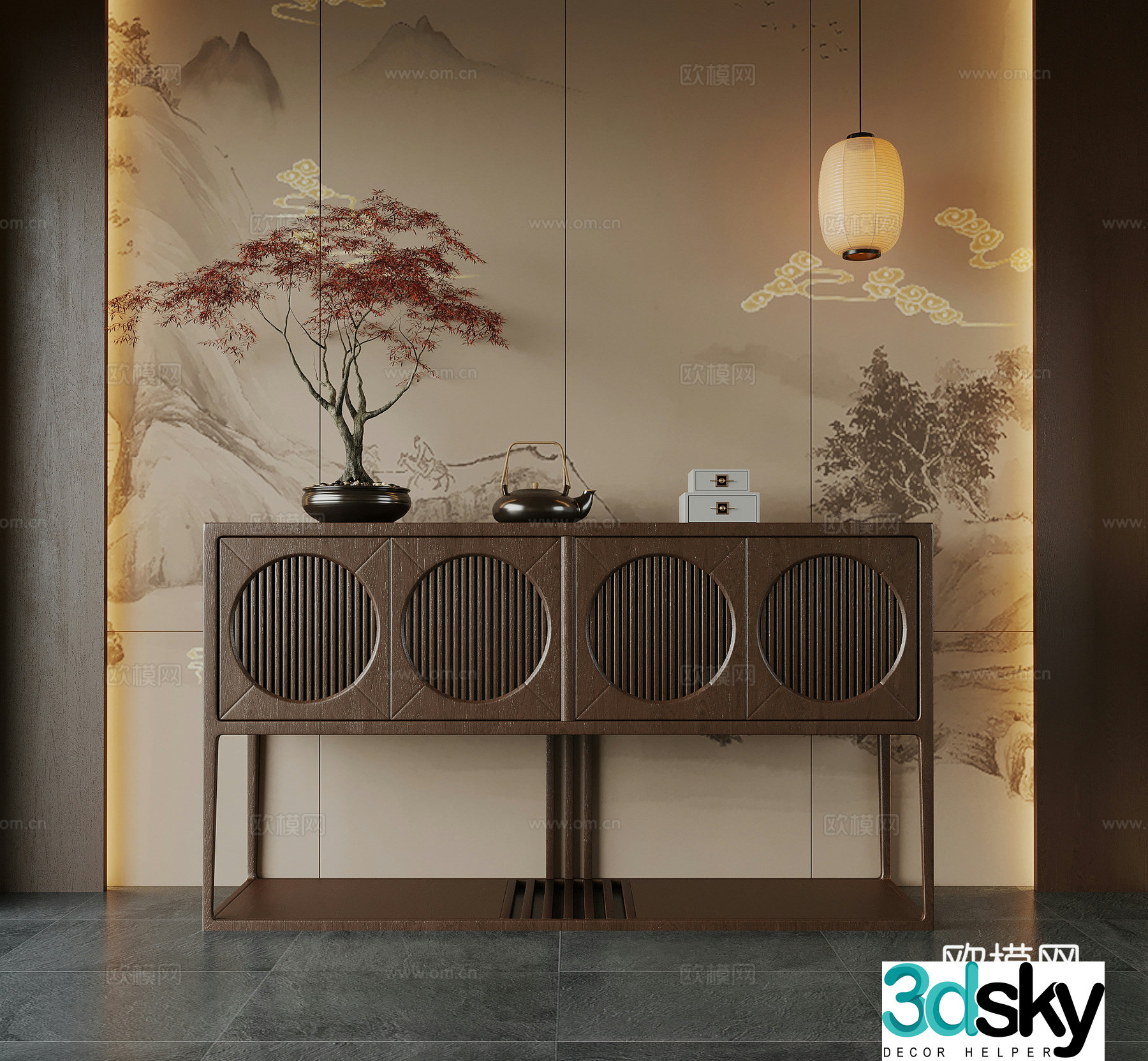 05 New Chinese style side cabinet Decorative cabinet Porch cabinet Floor lamp Chandelier Decorative painting 3D model
