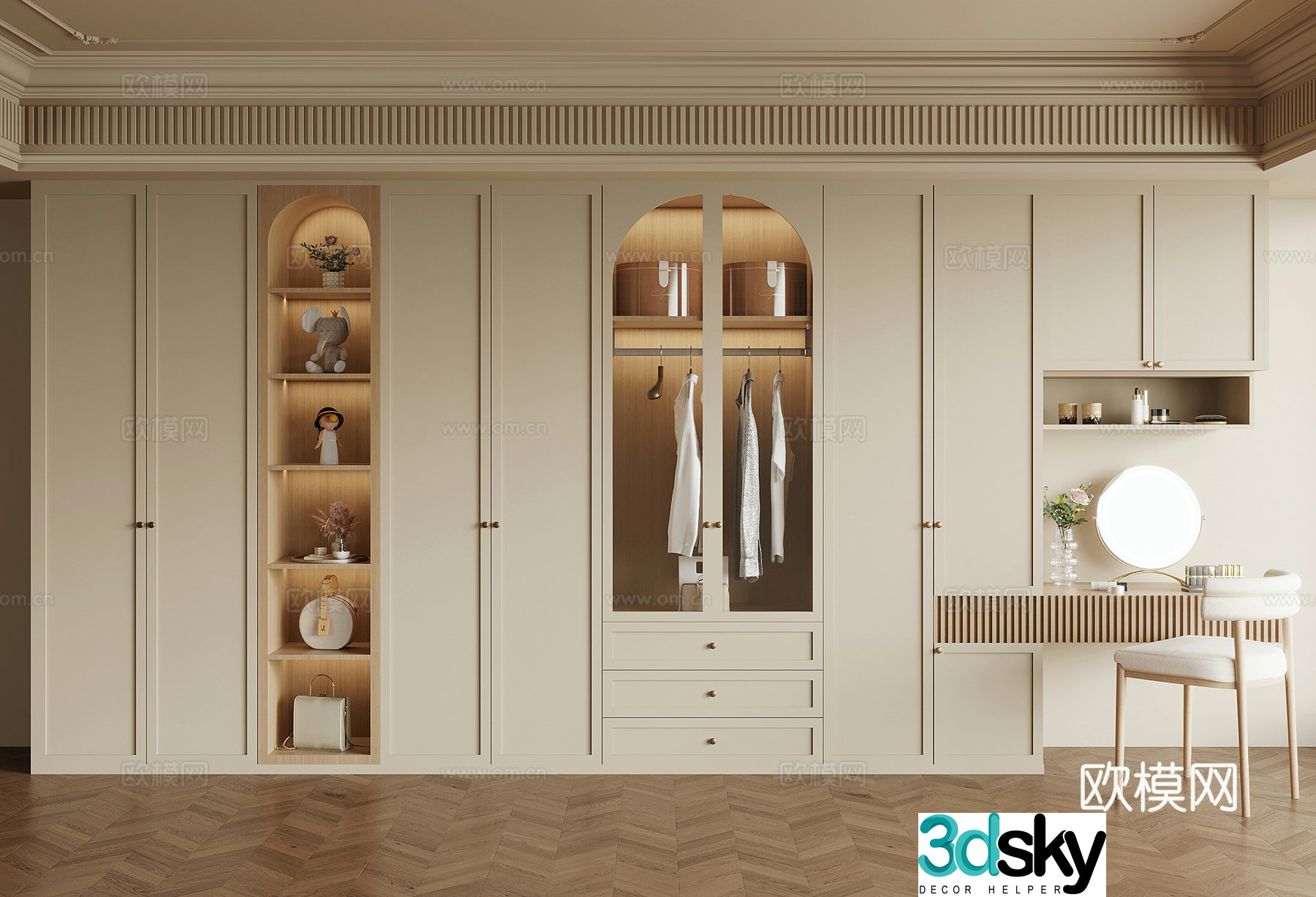 20 wardrobe French cream trench wardrobe dressing table dressing chair 3d model