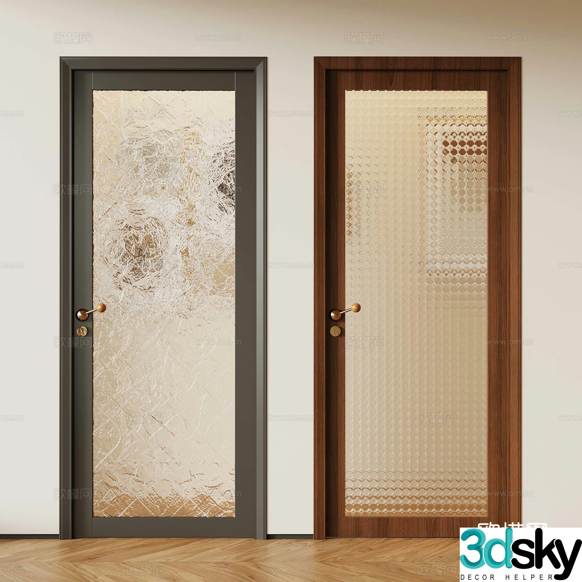 05 Modern medieval single-open door retro wooden door glass single-open door 3D model