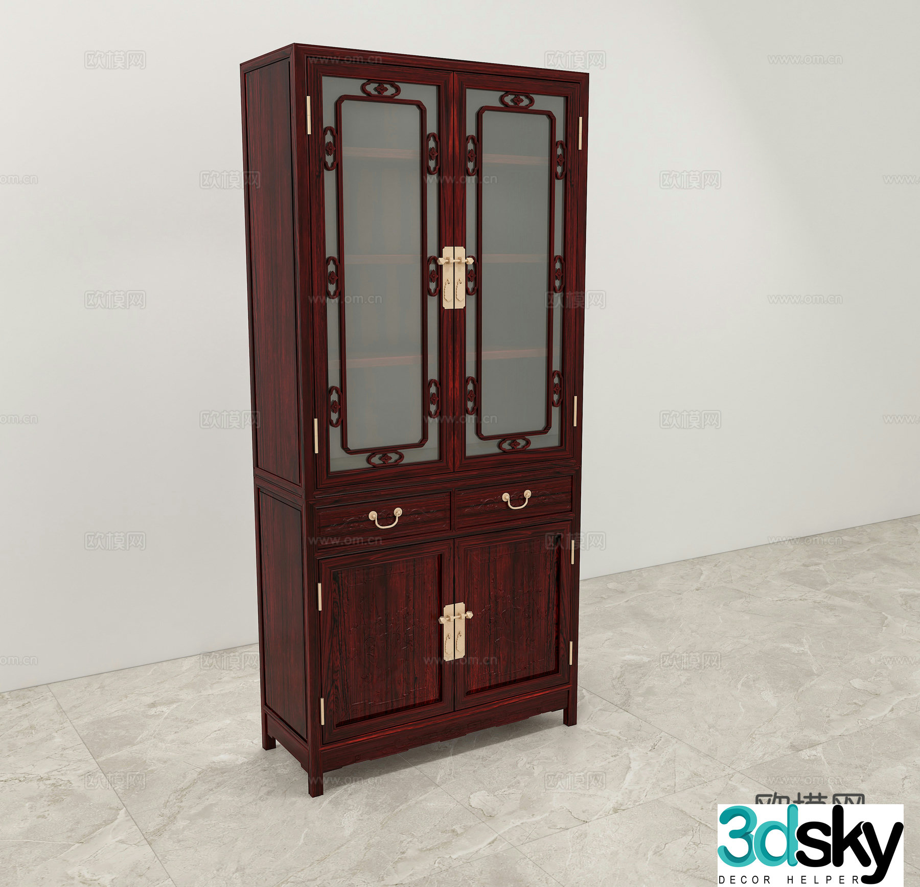 Chinese bookcase carved cabinet door solid wood mahogany 3D model