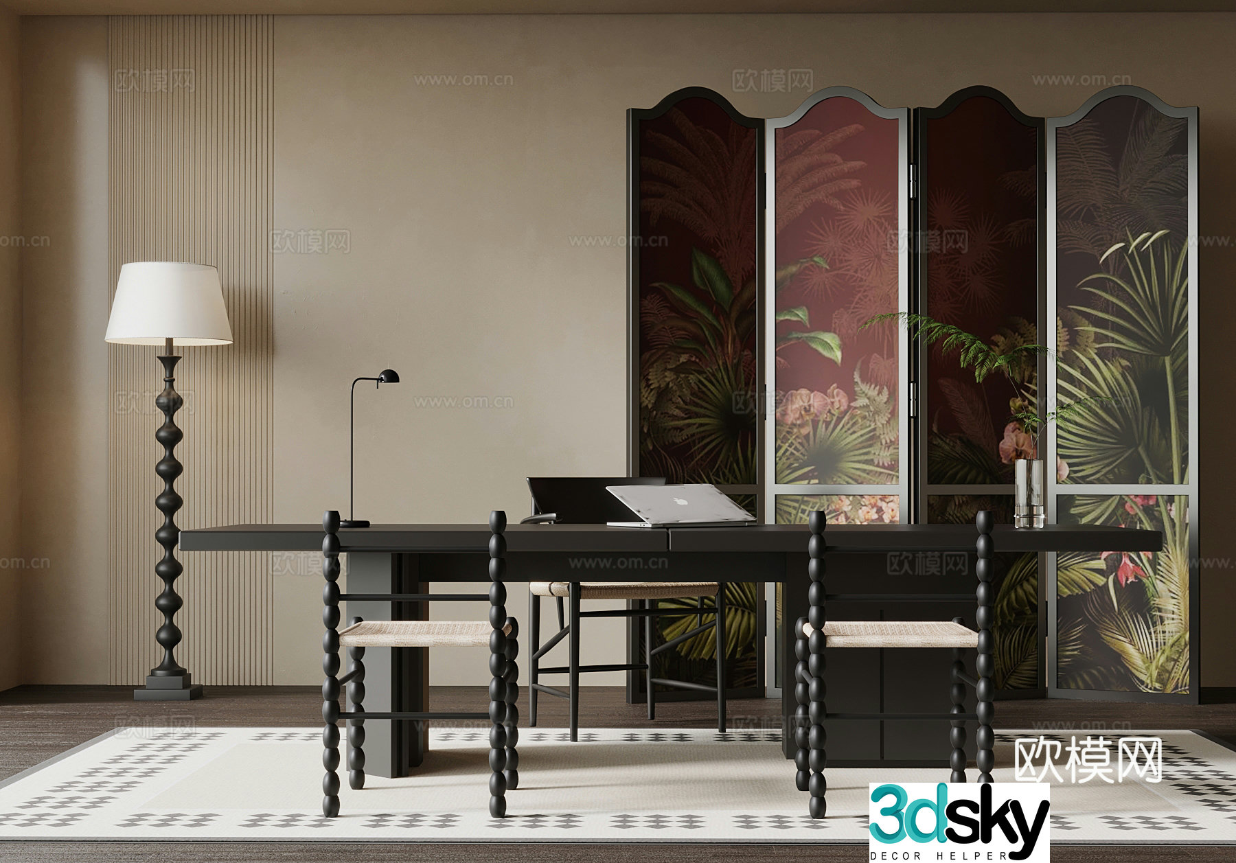 20 French study desk chair screen floor lamp 3d model