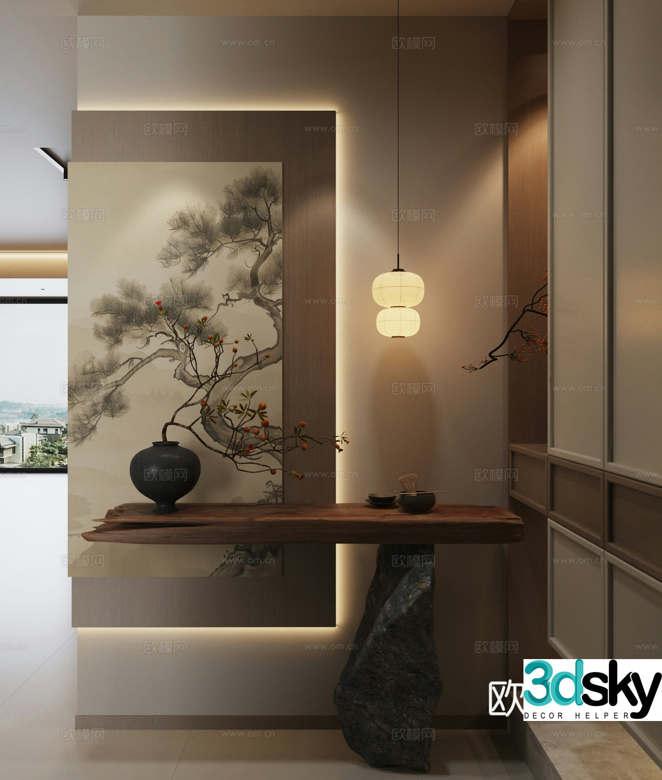 01 Song style entrance hall end view strip case shoe cabinet 3d model