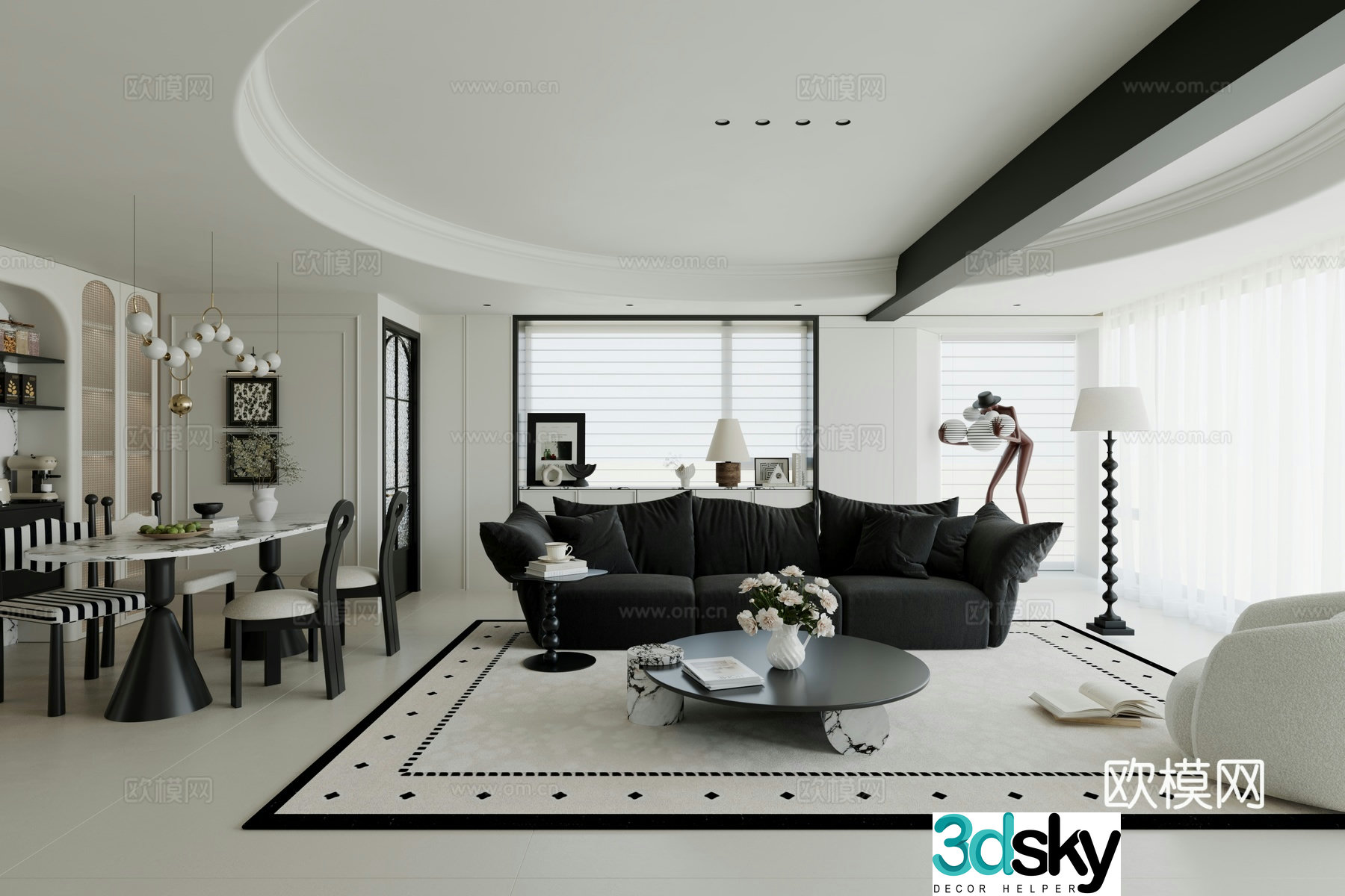 Modern light French large flat dining room without owner light dome medieval style chest of drawers 3D model