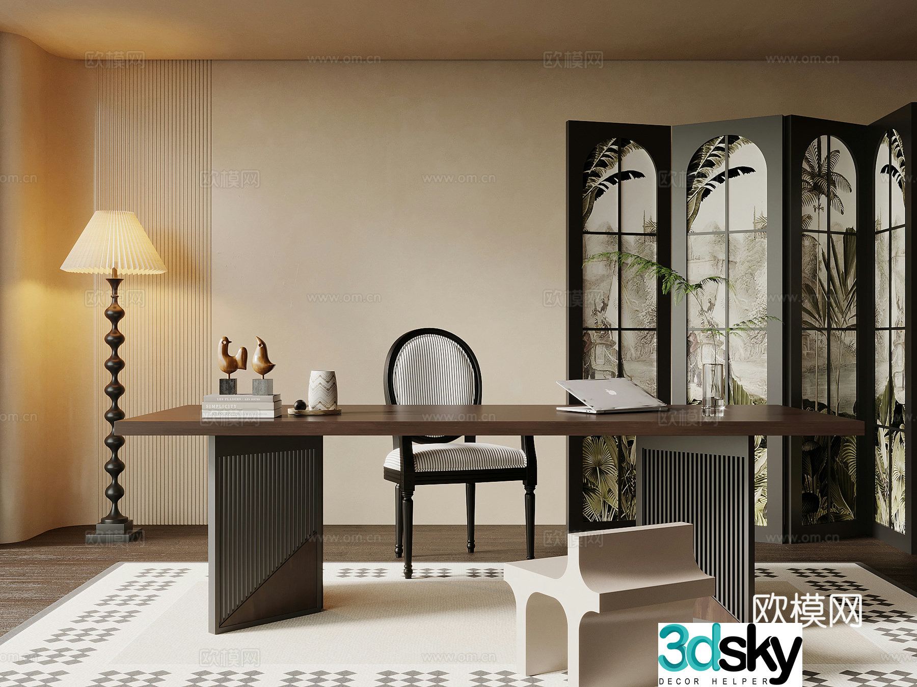 04 study room French retro style study room desk and chair combination 3D model