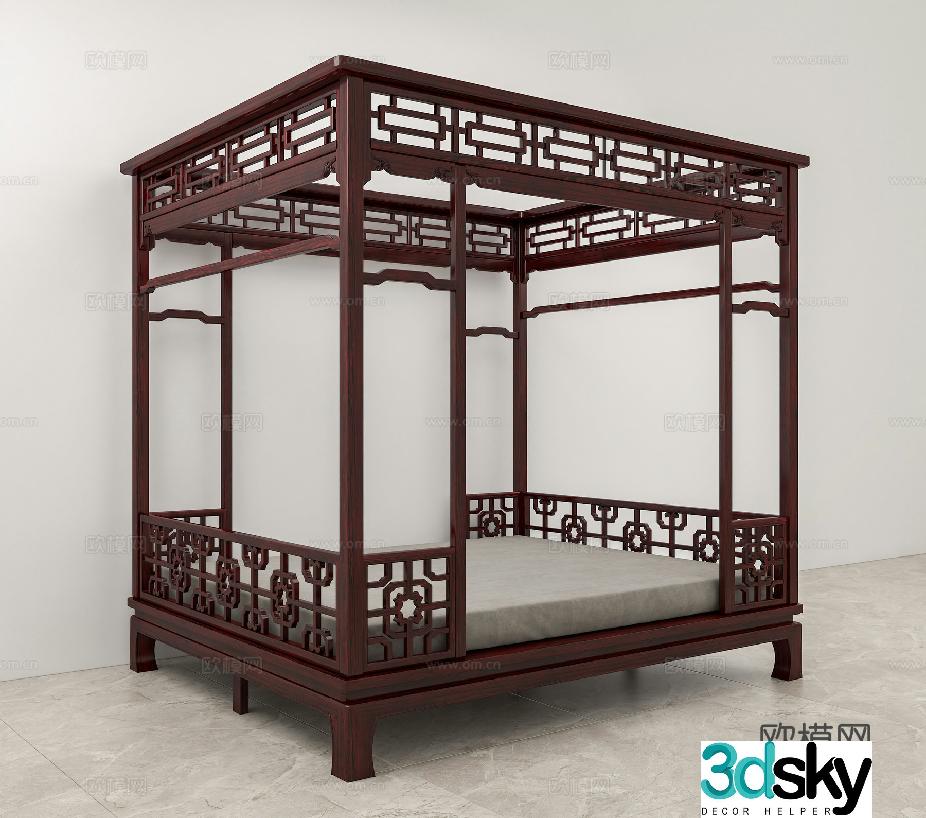 Chinese style rack bed double bed solid wood mahogany 3D model