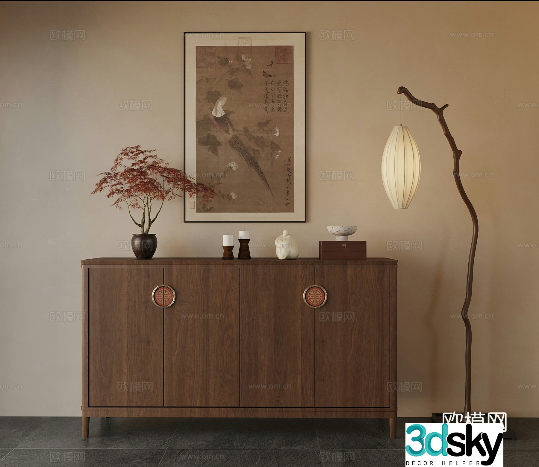 01 New Chinese style side cabinet Decorative cabinet Porch cabinet Floor lamp Chandelier Decorative painting 3D model