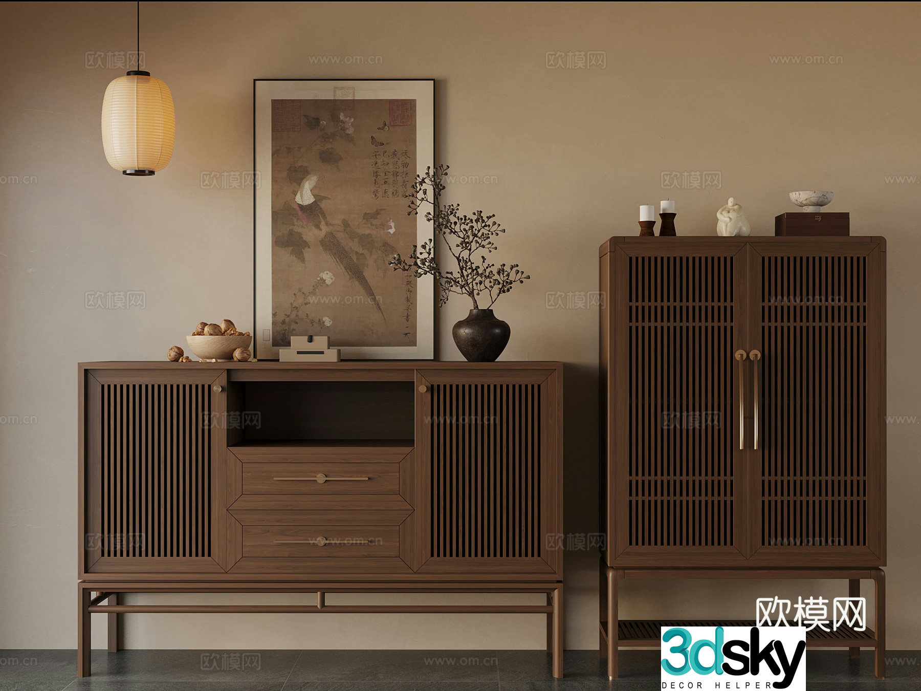 04 New Chinese style side cabinet Decorative cabinet Porch cabinet Floor lamp Chandelier Decorative painting 3D model