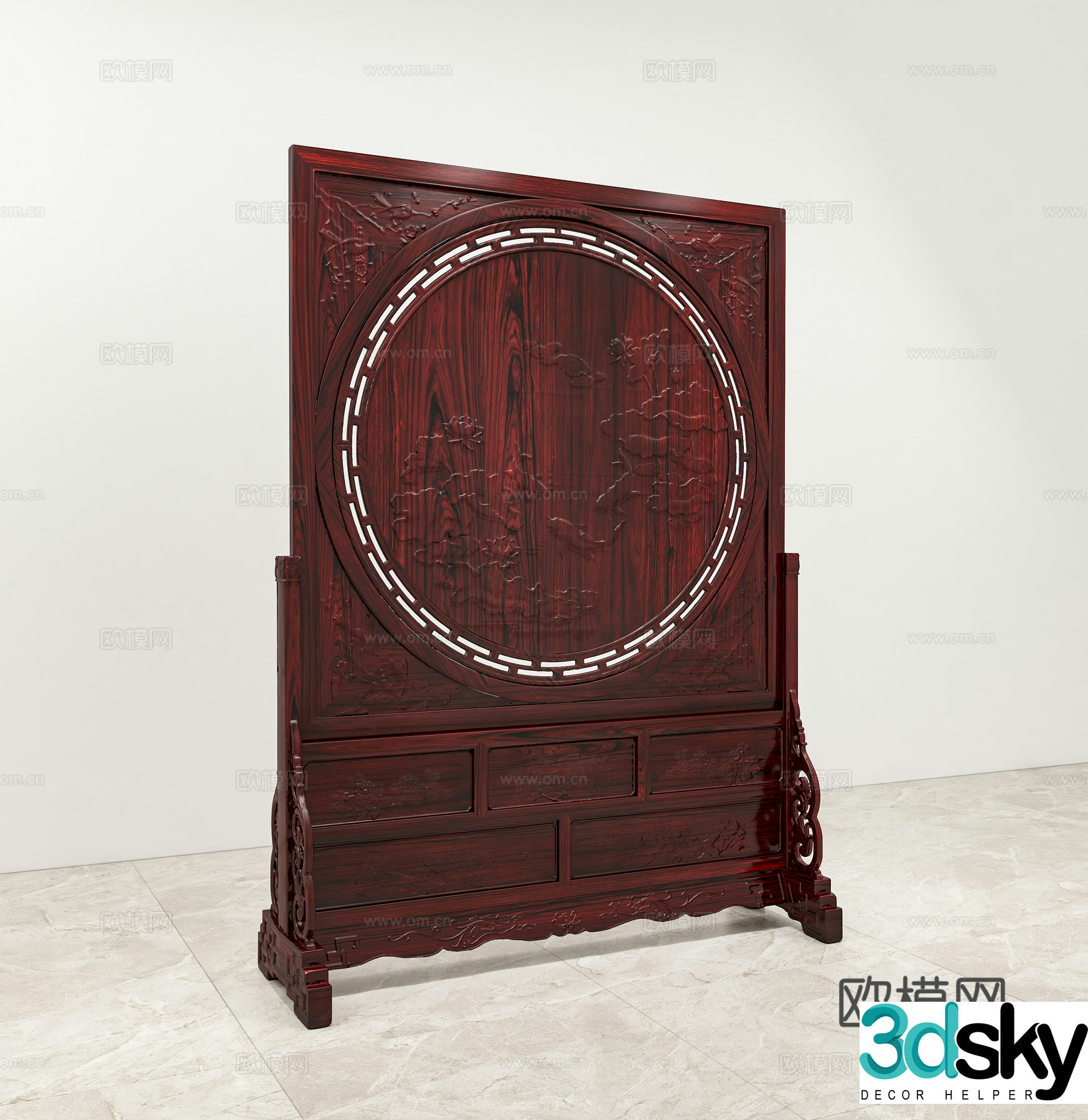 Chinese round screen relief carving solid wood mahogany 3D model