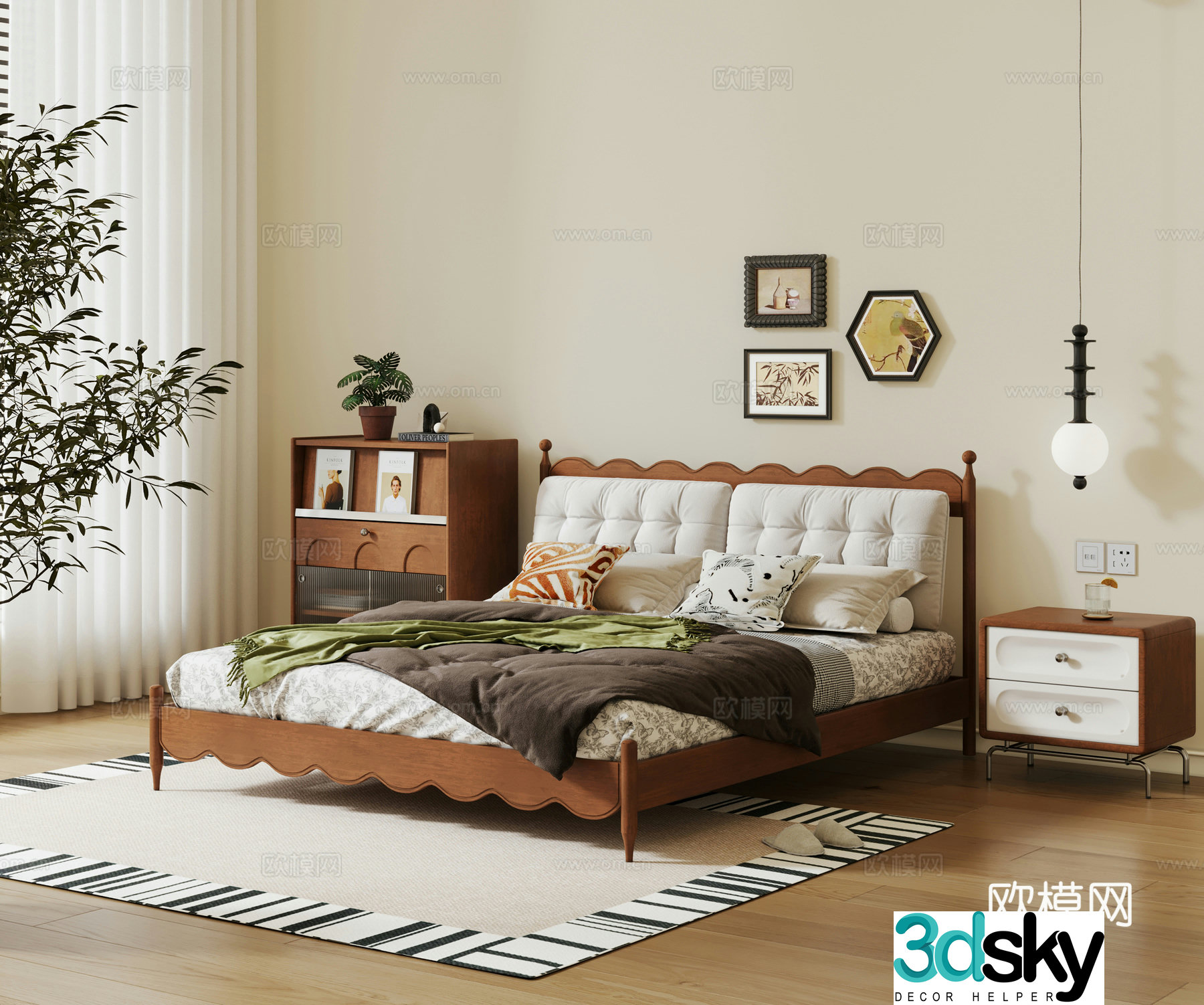 French retro style double bed solid wood double bed solid wood bed nightstand 3D model