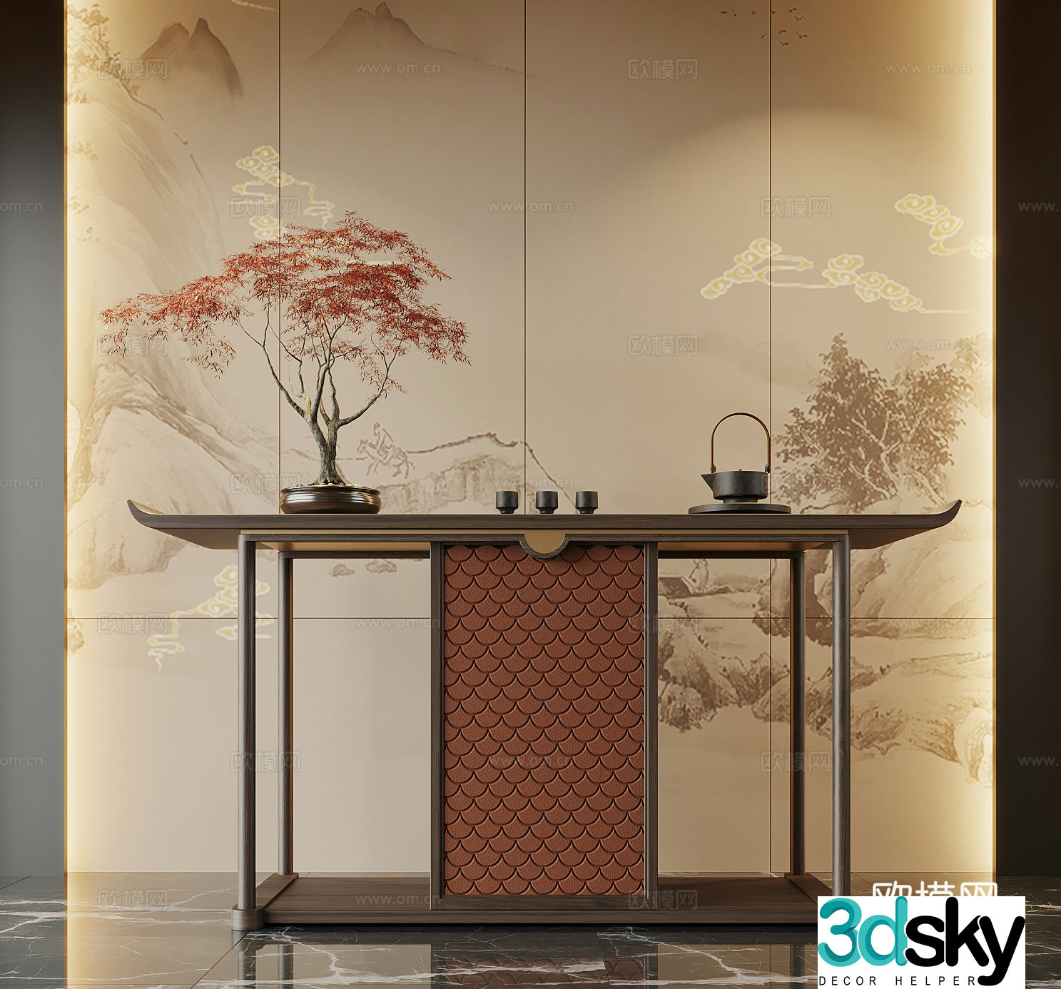 013 Entrance New Chinese style Entrance End Cabinet Entrance Cabinet Potted Bonsai Ornament 3D Model