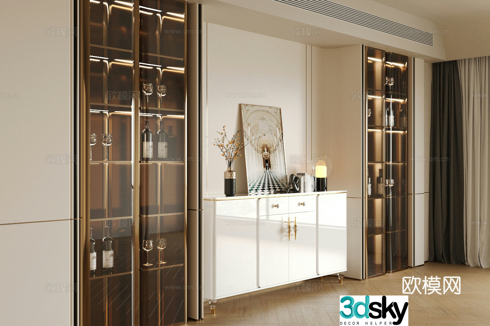 Italian light luxury entrance cabinet sideboard wine cabinet sideboard cabinet glass decoration cabinet entrance cabinet ornament 3D model