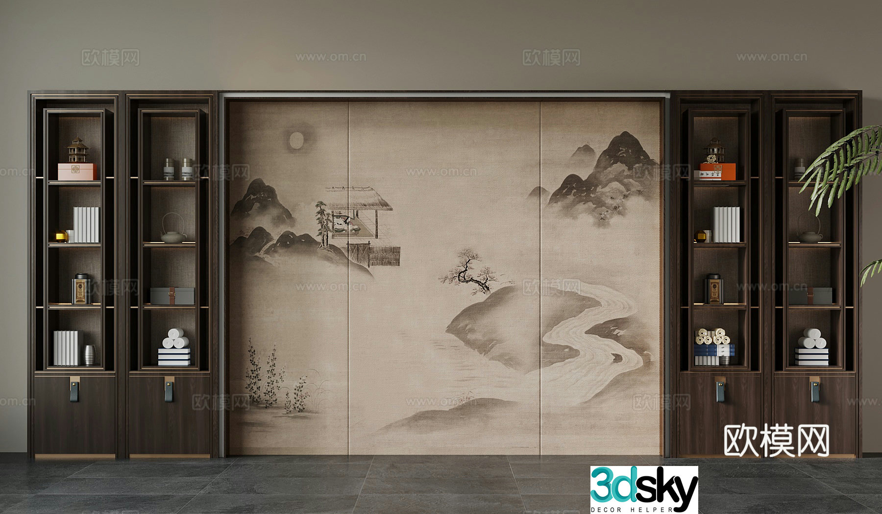 09 New Chinese style tea cabinet background wall ornament 3d model