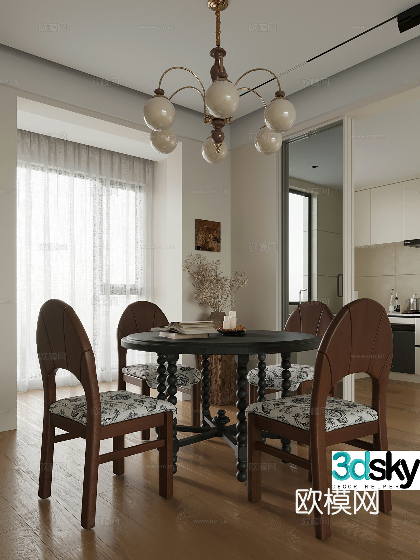 09 Home Restaurant French Retro Style Dining Table and Chair Restaurant 3D Model