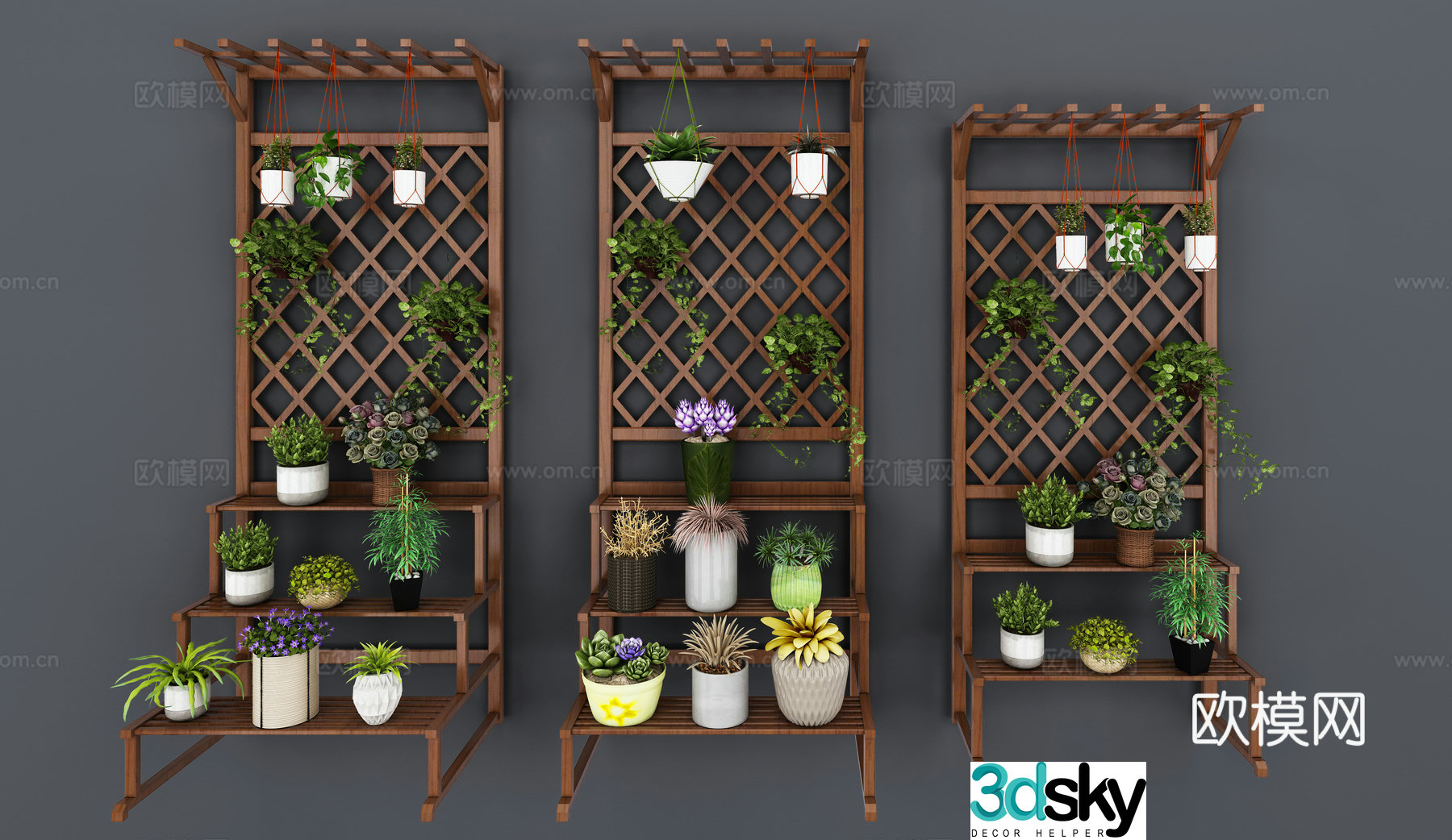 Modern wooden trapezoidal flower stand potted plant combination 3D model