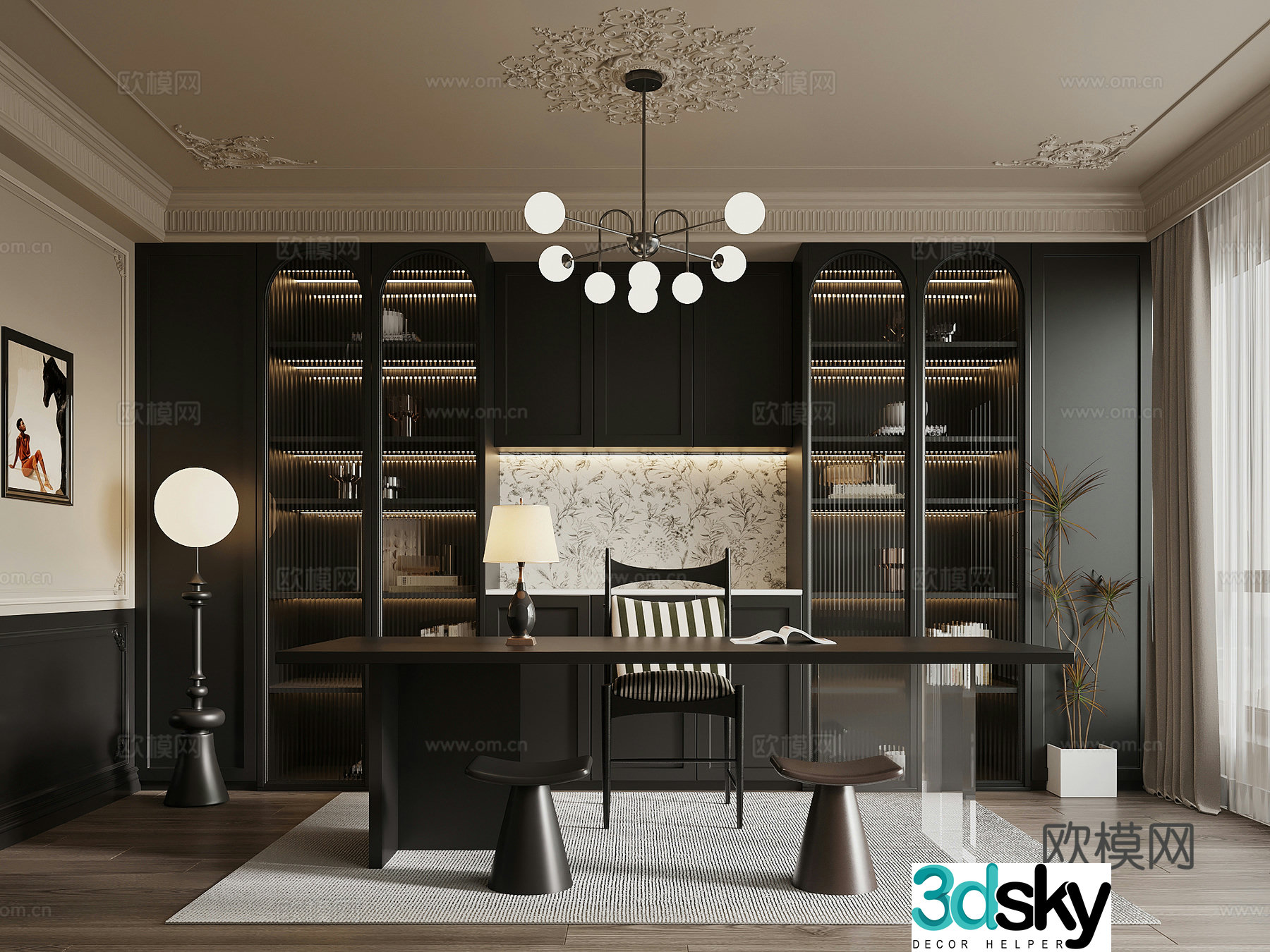Study room French retro style study bookcase desk chair office desk 3d model