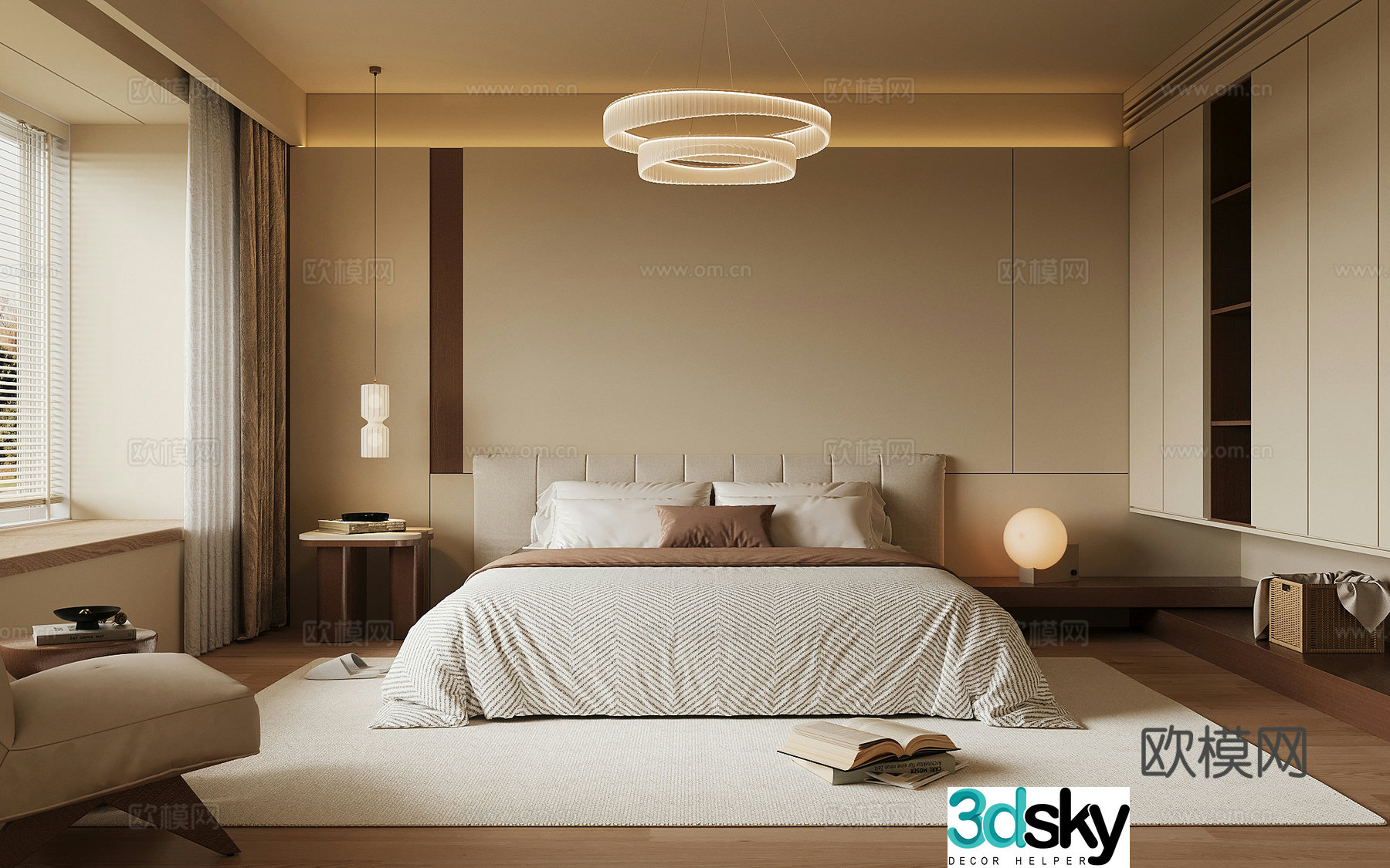 Middle style bedroom double bed 3d model
