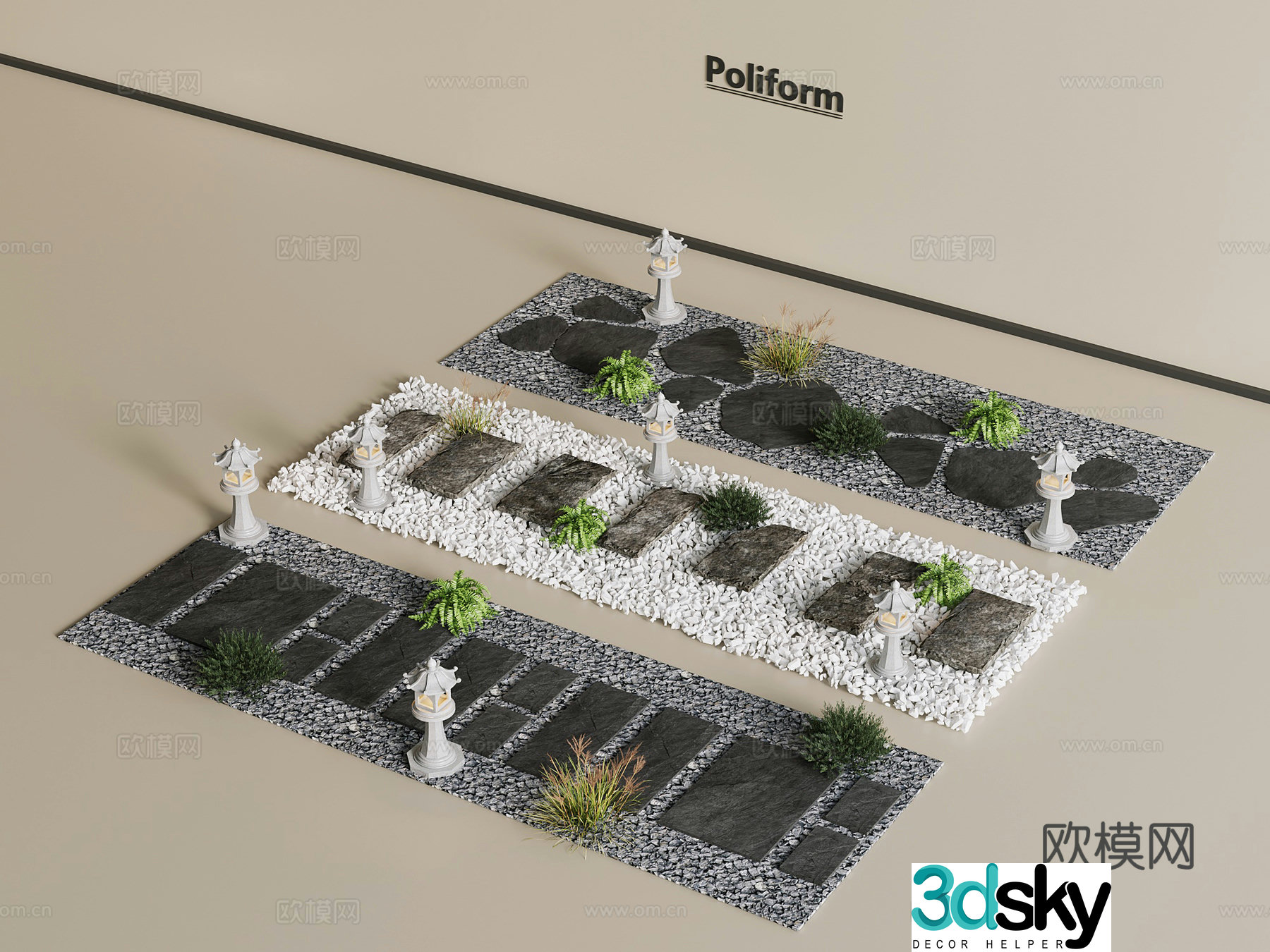 Slate Trail New Chinese Garden Gravel Slate Trail Garden Ting Step 3D Model