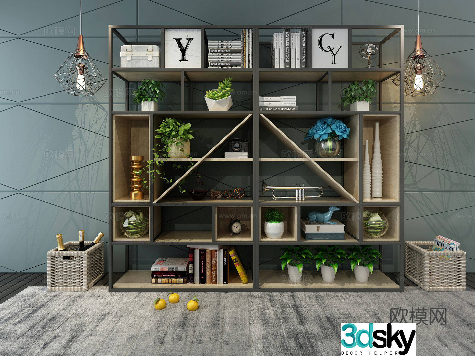 Modern industrial style personalized original shelf ornaments chandelier green plants bamboo basket 3D model