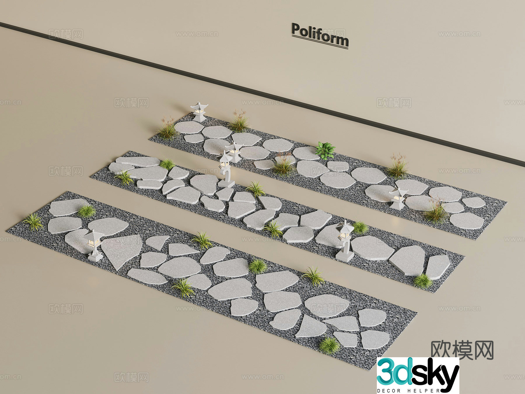Slate Trail New Chinese Garden Gravel Slate Trail Garden Ting Step 3D Model