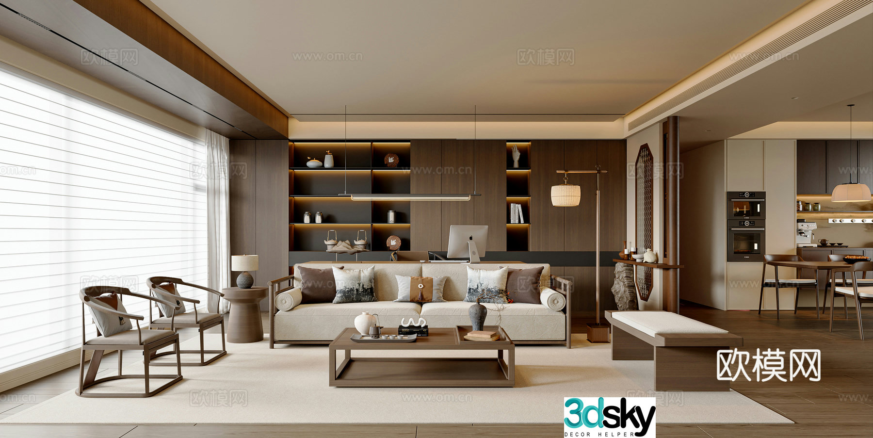 New Chinese style Chinese living and dining room sofa and coffee table combination bookcase desk and chair combination sideboard 3D model