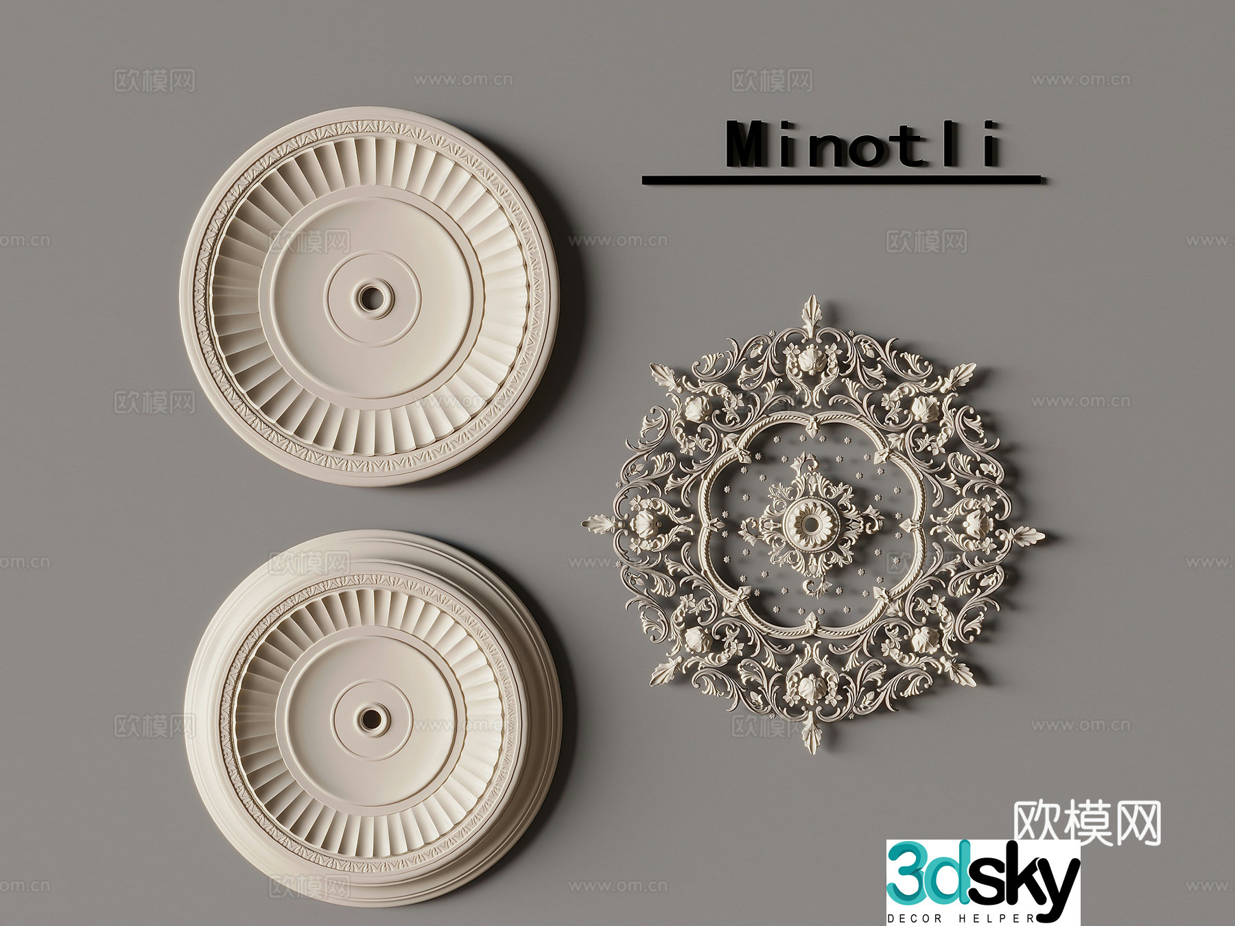 French carved gypsum line gypsum corner flower line components French background wall decoration 3D model