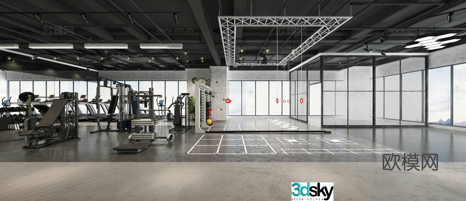 Modern industrial gym, fitness club, personal training studio 3D model