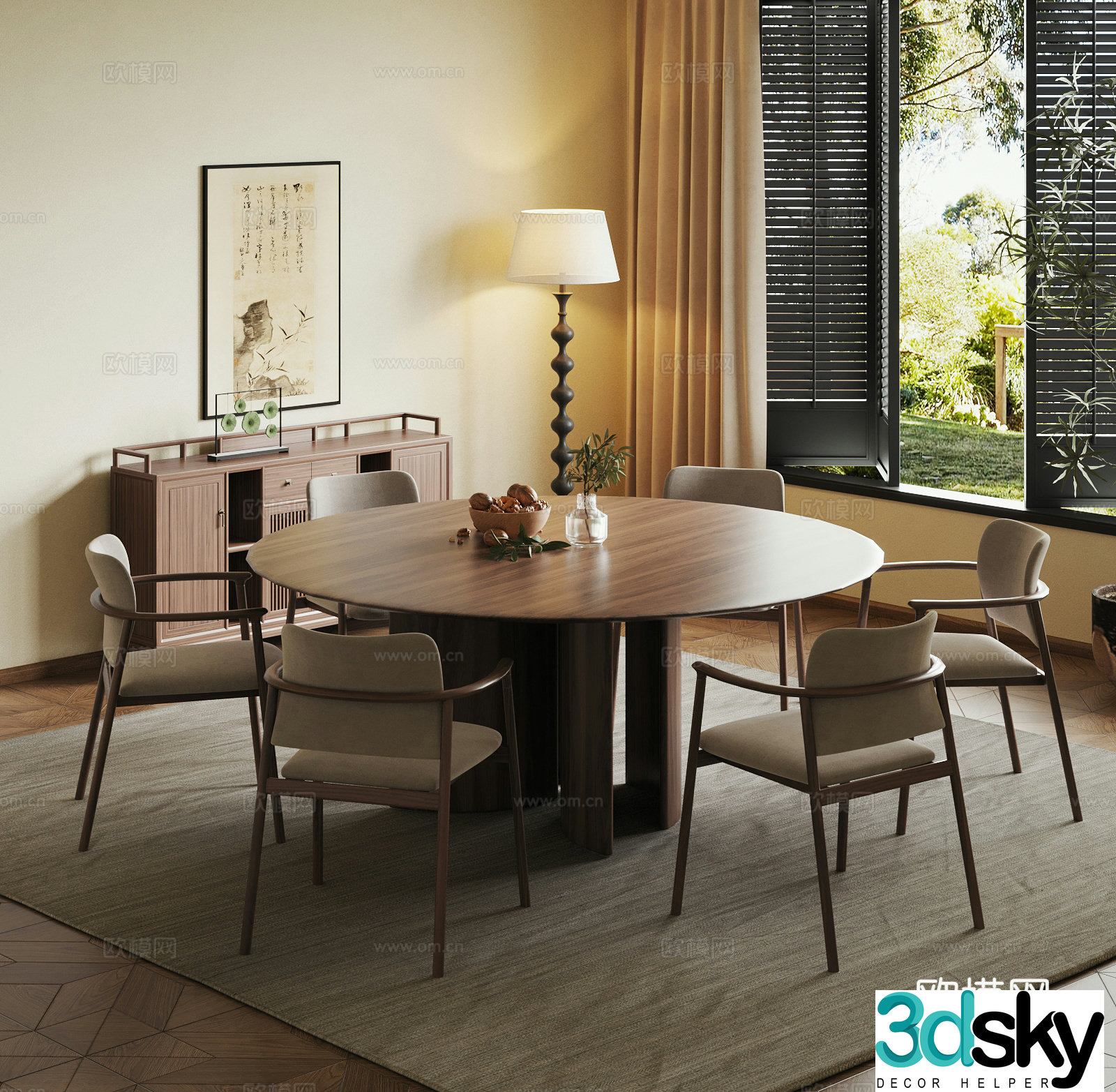 Jijifeng Restaurant Dining table and chairs Side cabinet Floor lamp 3D model