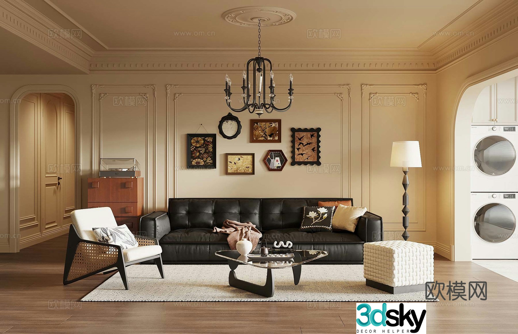 French medieval style living room sofa background wall sofa coffee table combination 3D model
