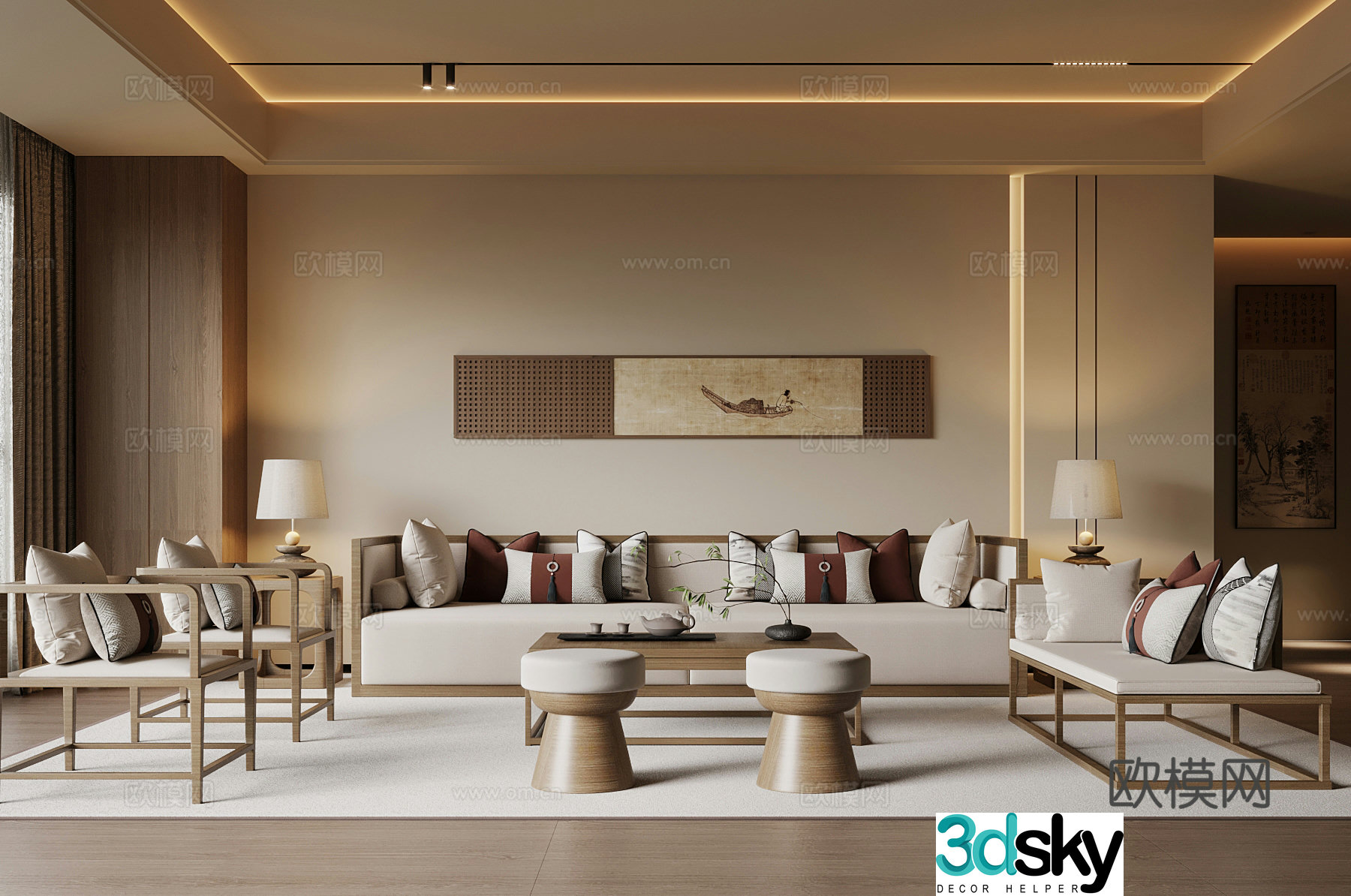 New Chinese style living room sofa coffee table combination 3D model