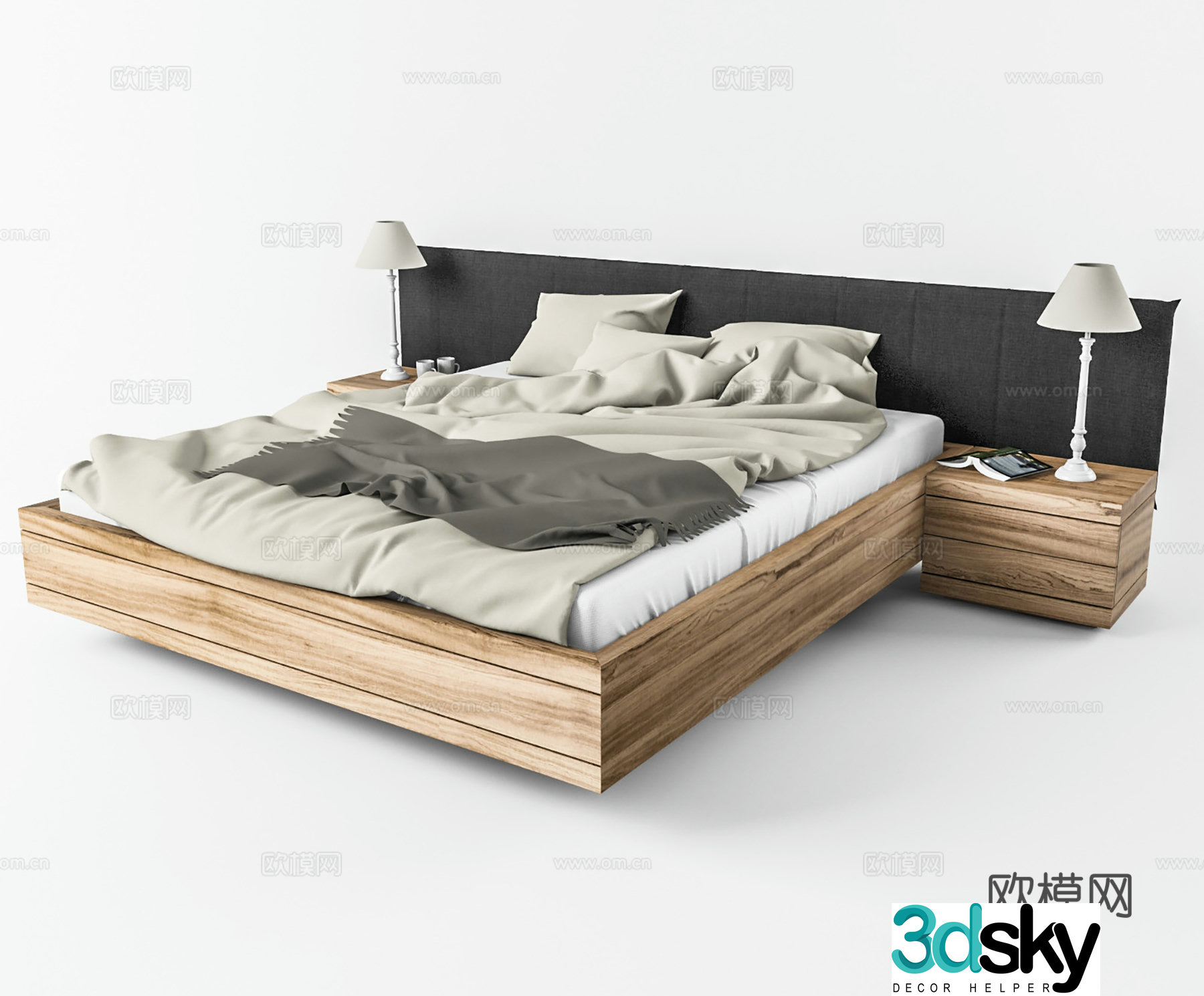 Modern double bed bedside counter lamp combination 3D model