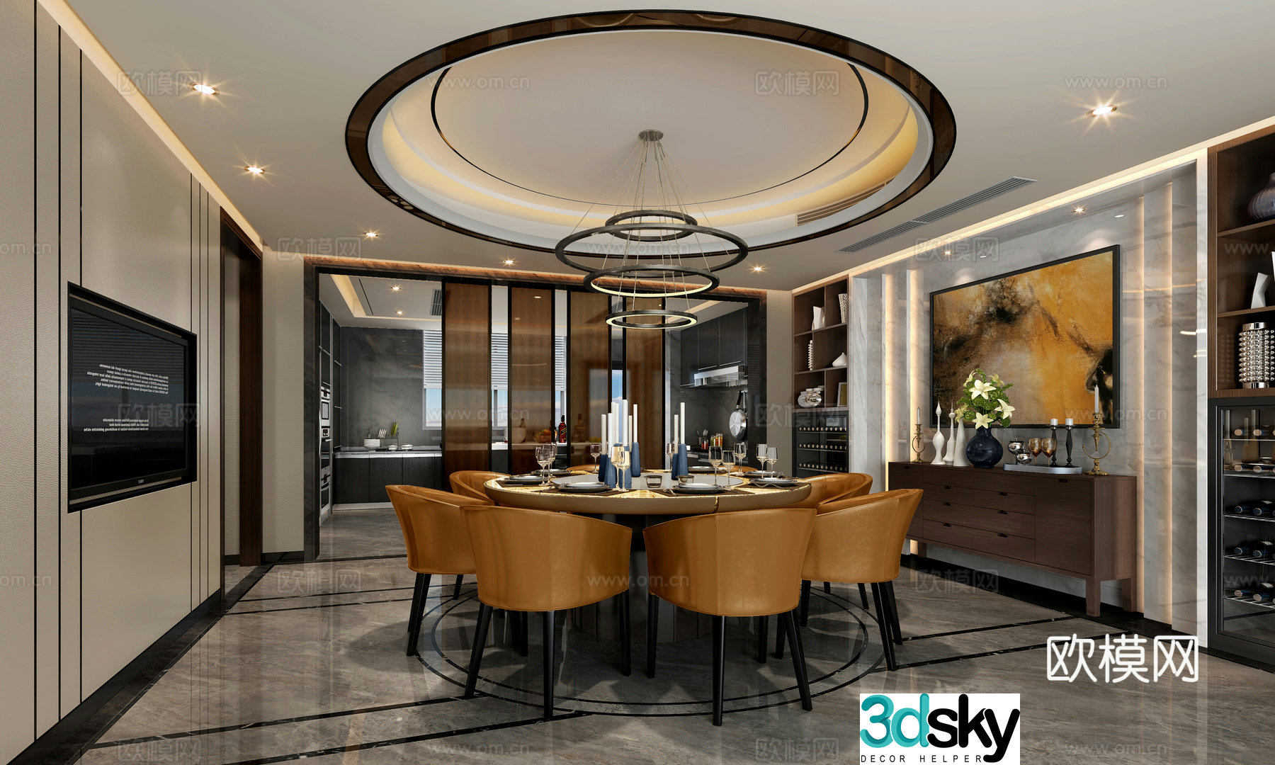 New Chinese restaurant Dining table Dining chair Entrance Restaurant background wall Jewelry combination Tableware 3D model