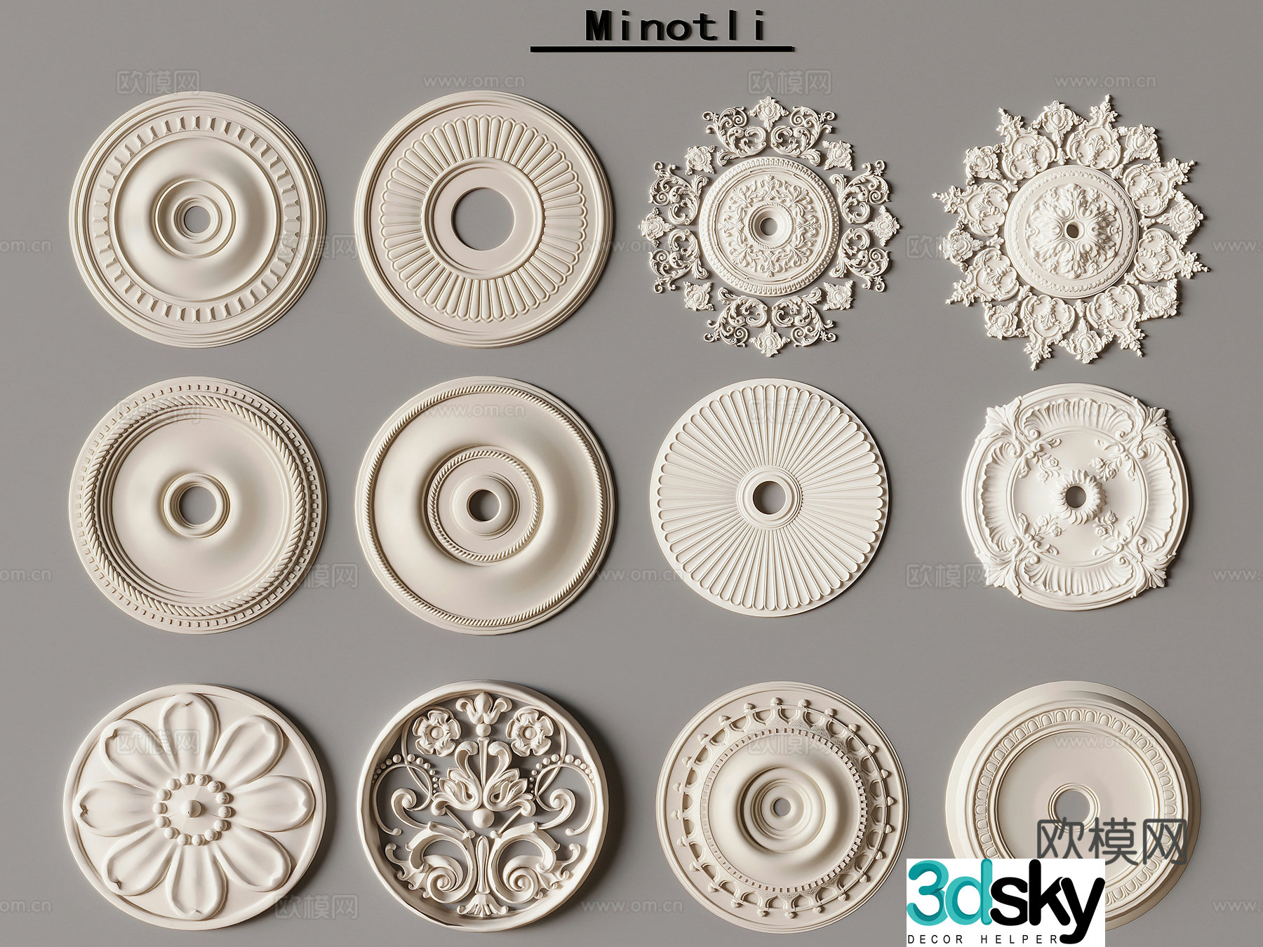 French carved gypsum line gypsum corner flower line components French background wall decoration 3D model