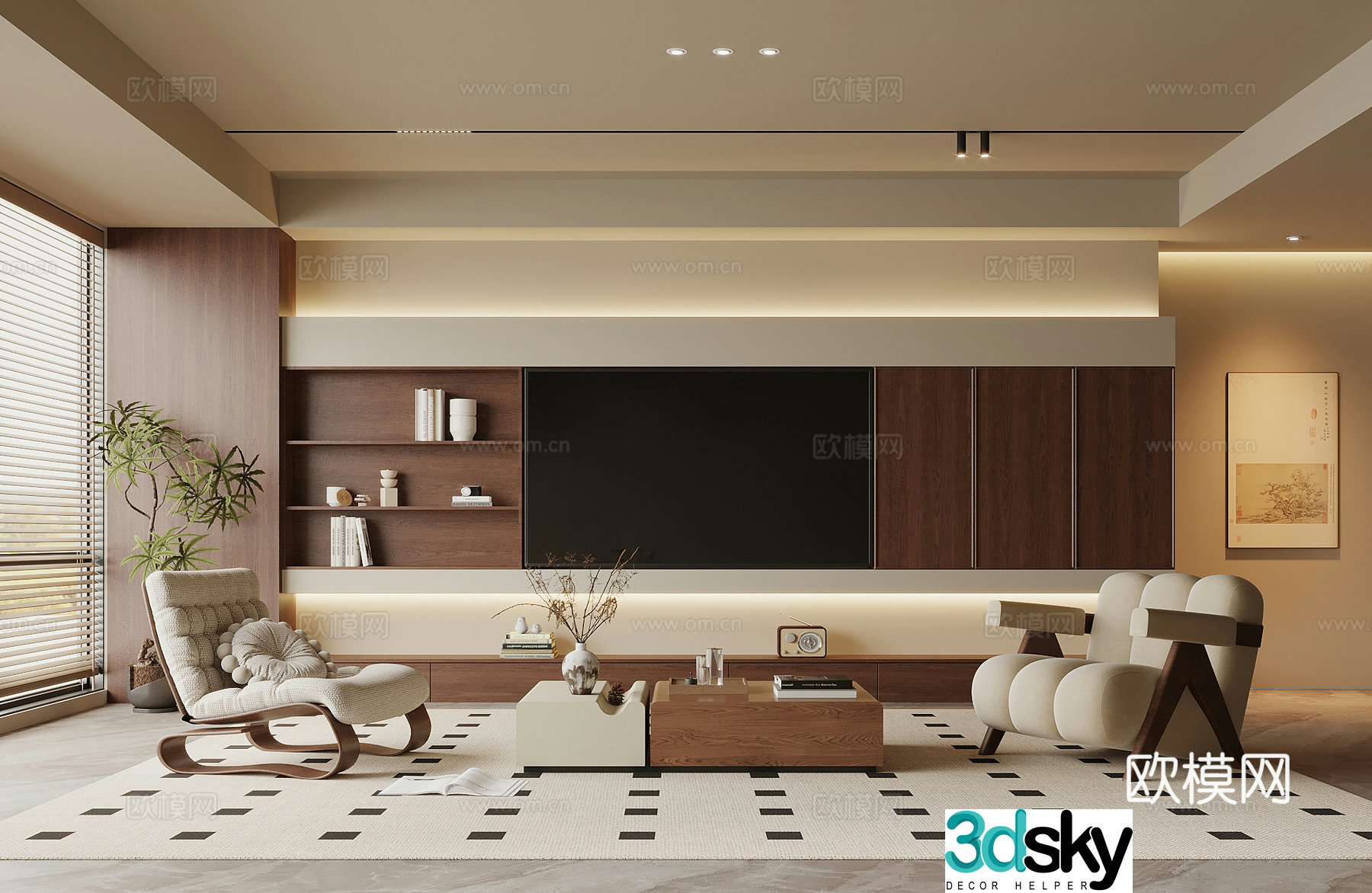 Living room medieval style living room TV background wall sofa coffee table combination 3D model
