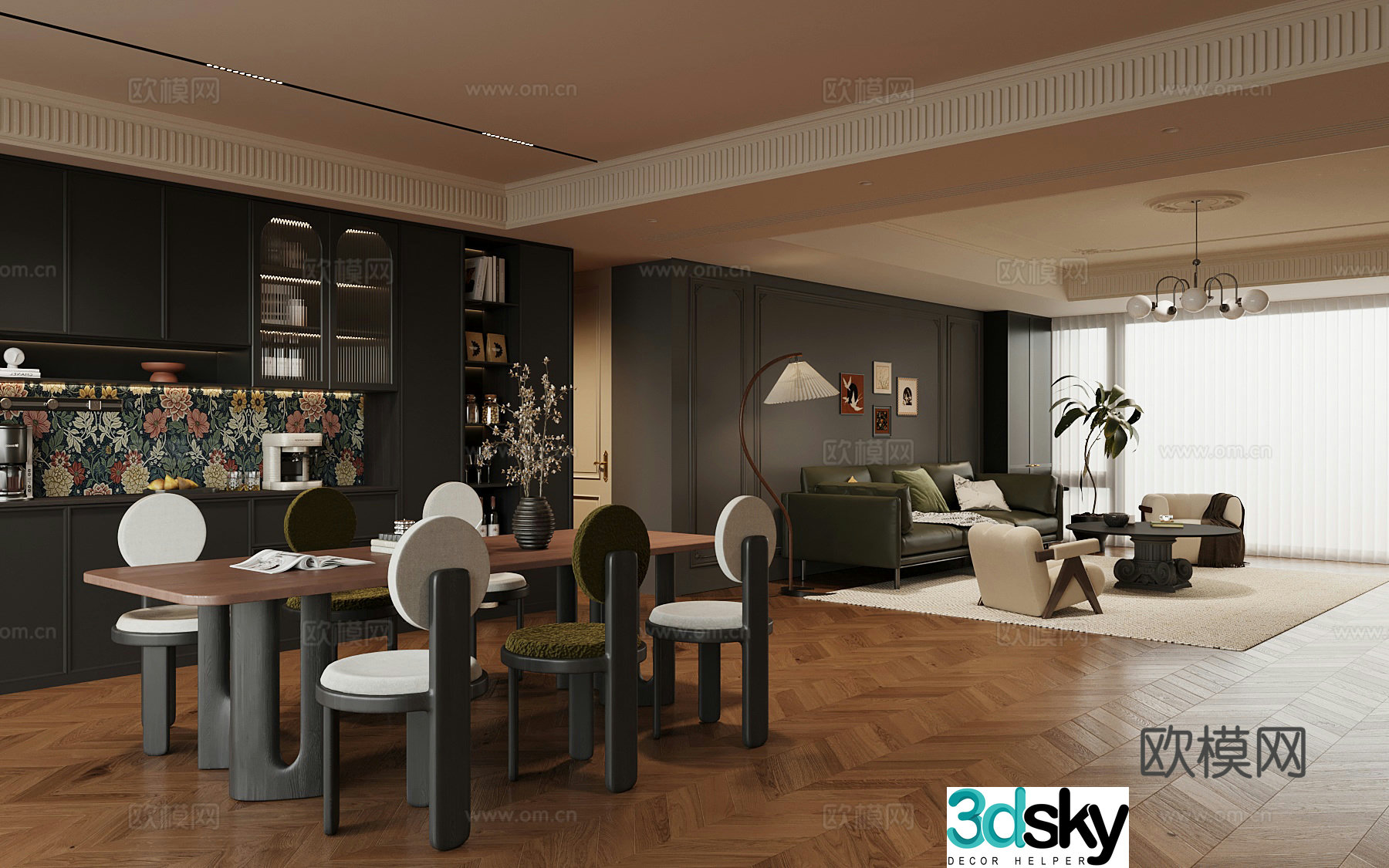 French living room dining room dining table chair wine cabinet sofa coffee table combination 3D model