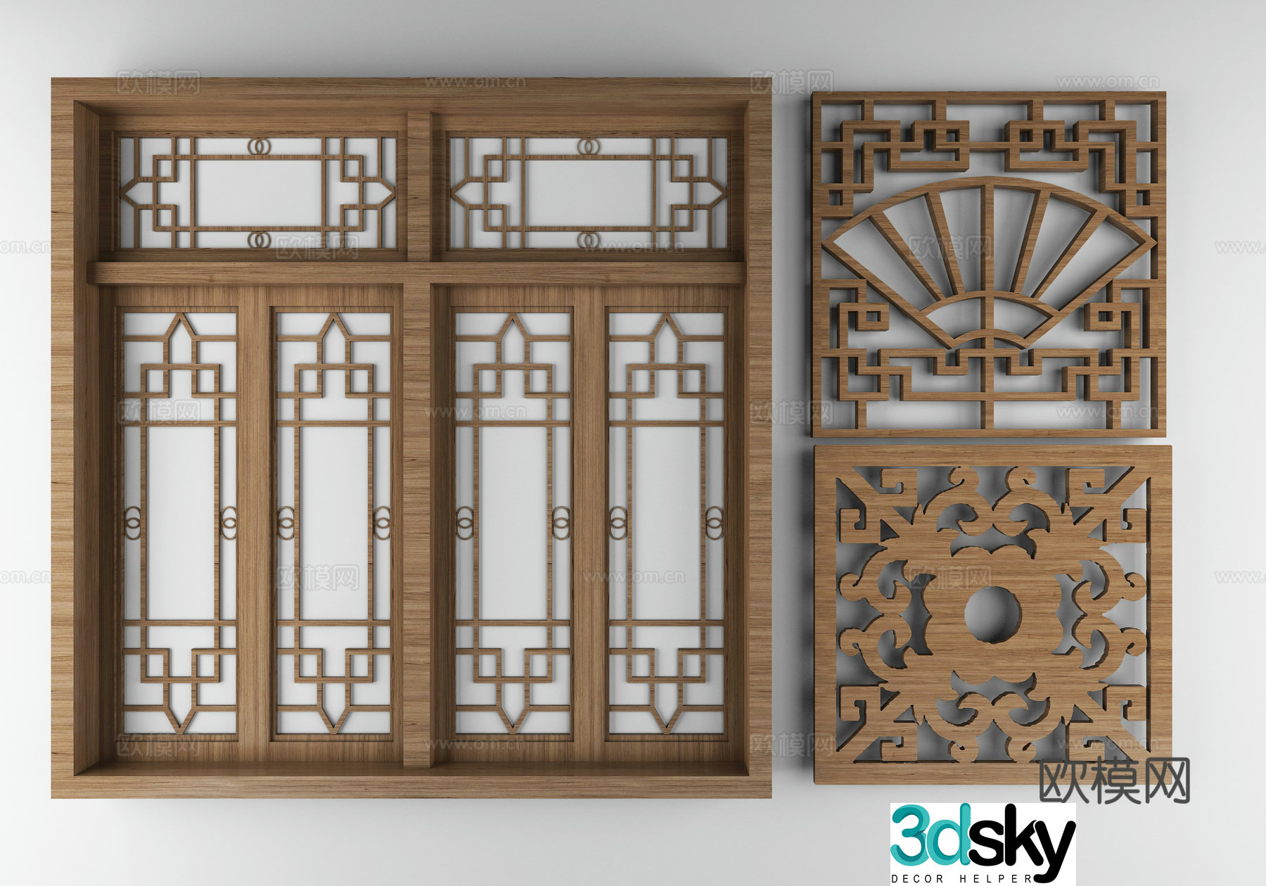 Chinese style flower window carving partition 3D model