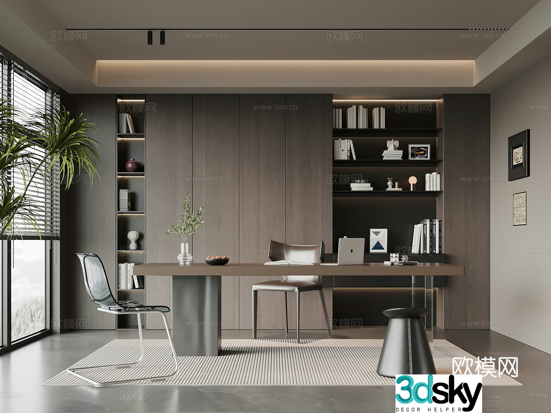 Modern Italian study bookcase dining table and chair 3d model