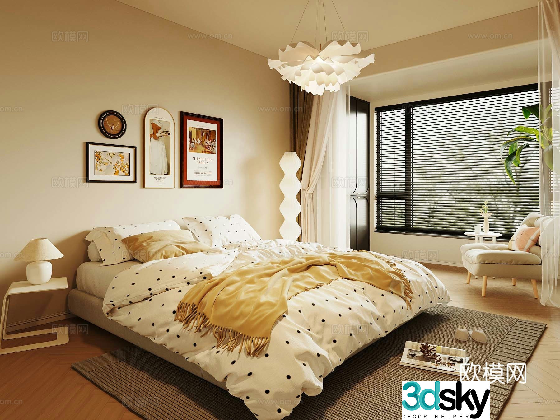 Creamy Bedroom Bedding Combination Double Bed Leisure Chair 3D Model