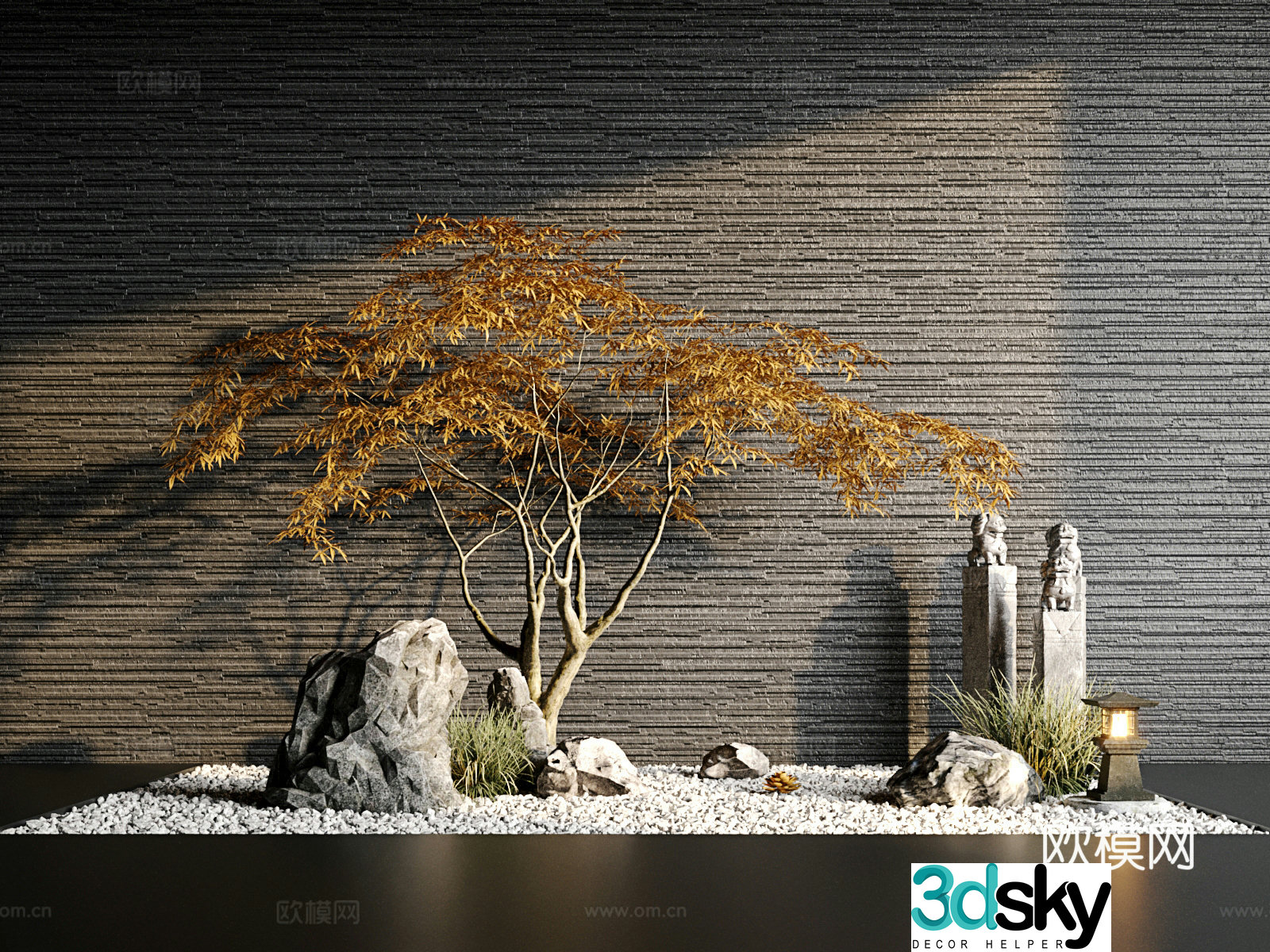 New Chinese-style landscaping stone stone lion landscape light tree maple leaf 3d model
