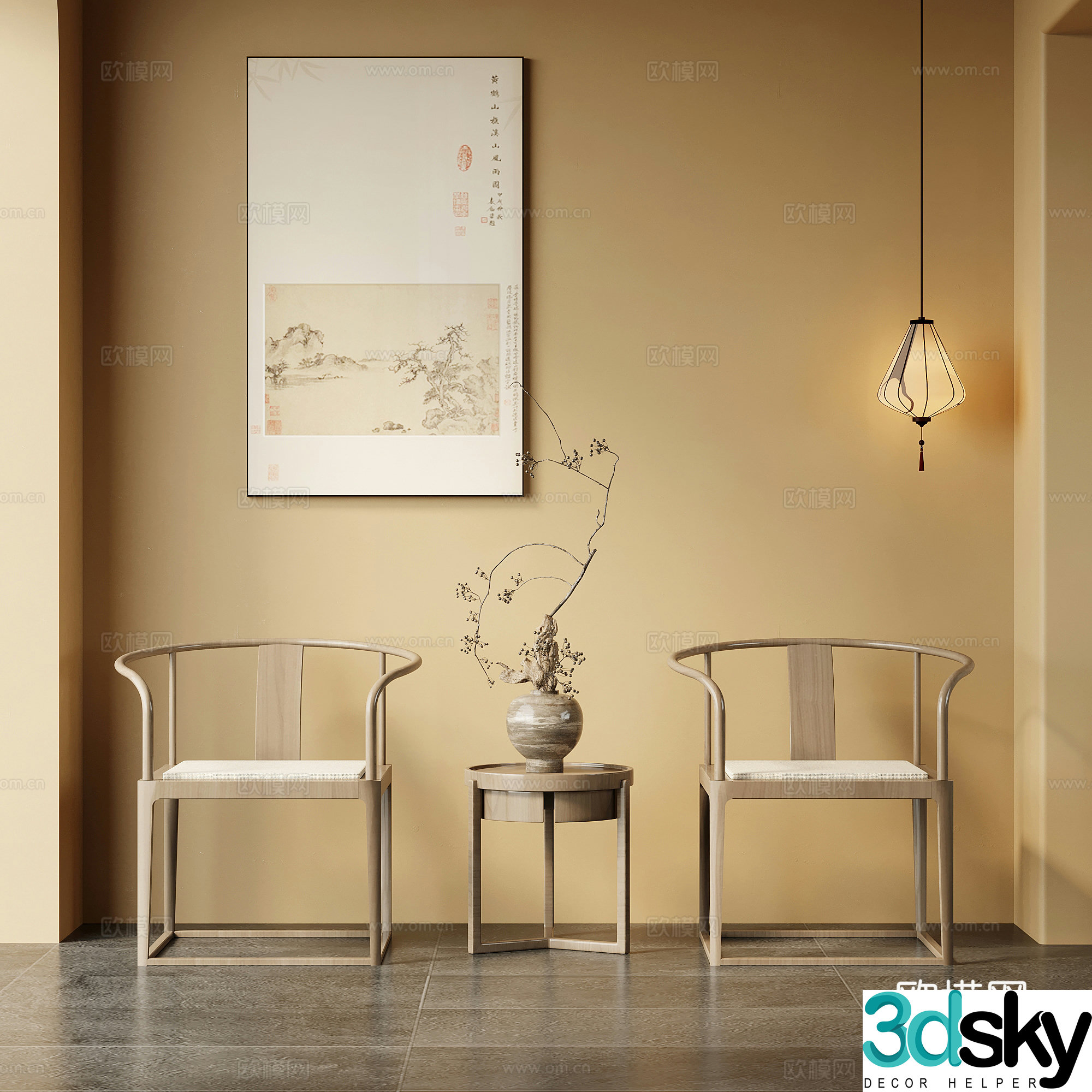 Leisure chair New Chinese style leisure chair Single chair Side table Decorative painting Small chandelier 3d model