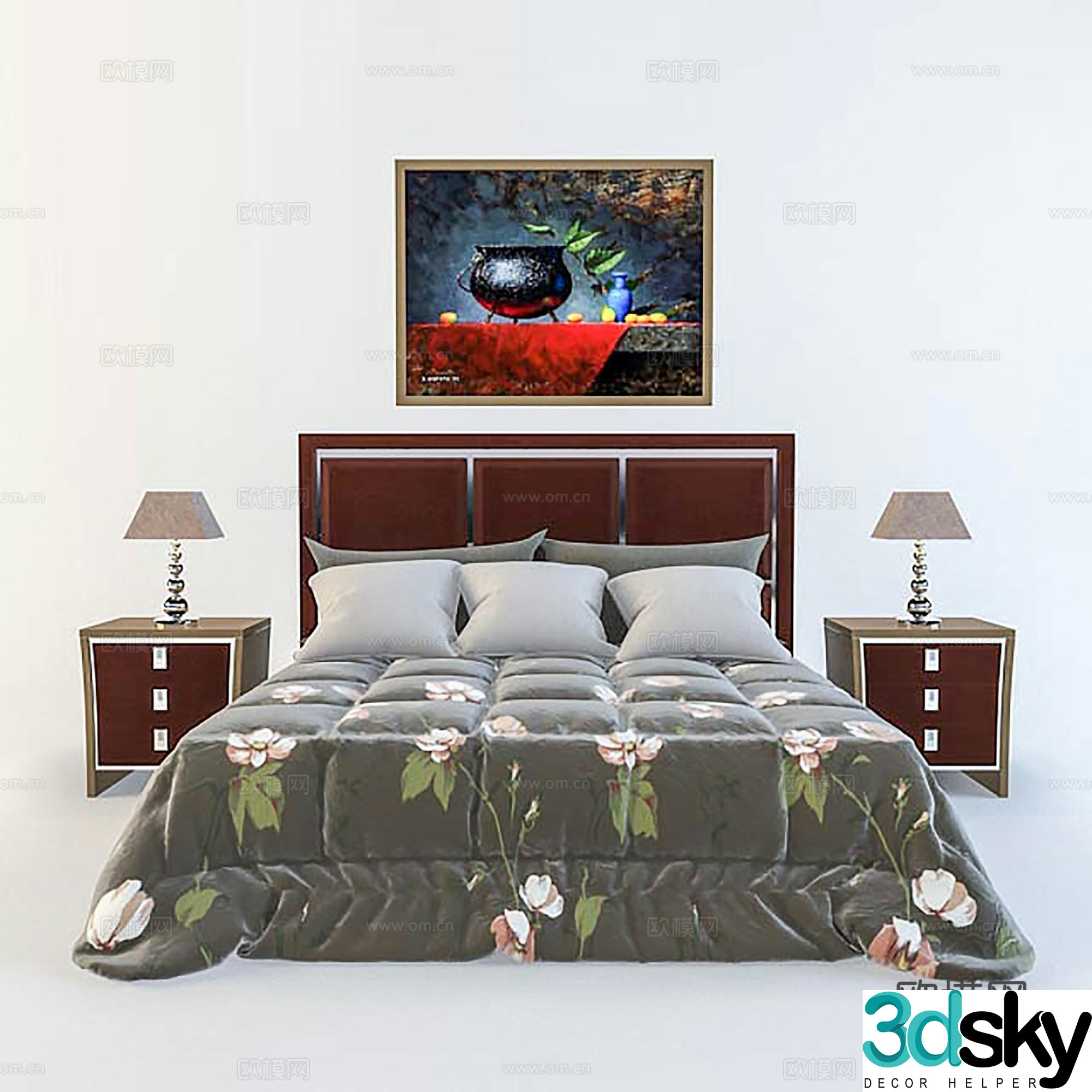 Simple European double bed fabric bed bed night counter lamp combination 3D model