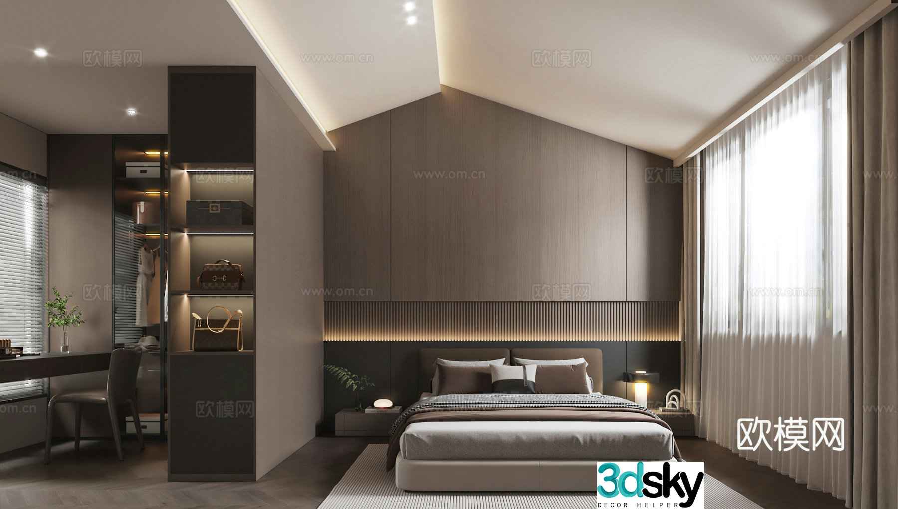 Modern slanted ceiling bedroom 3d model