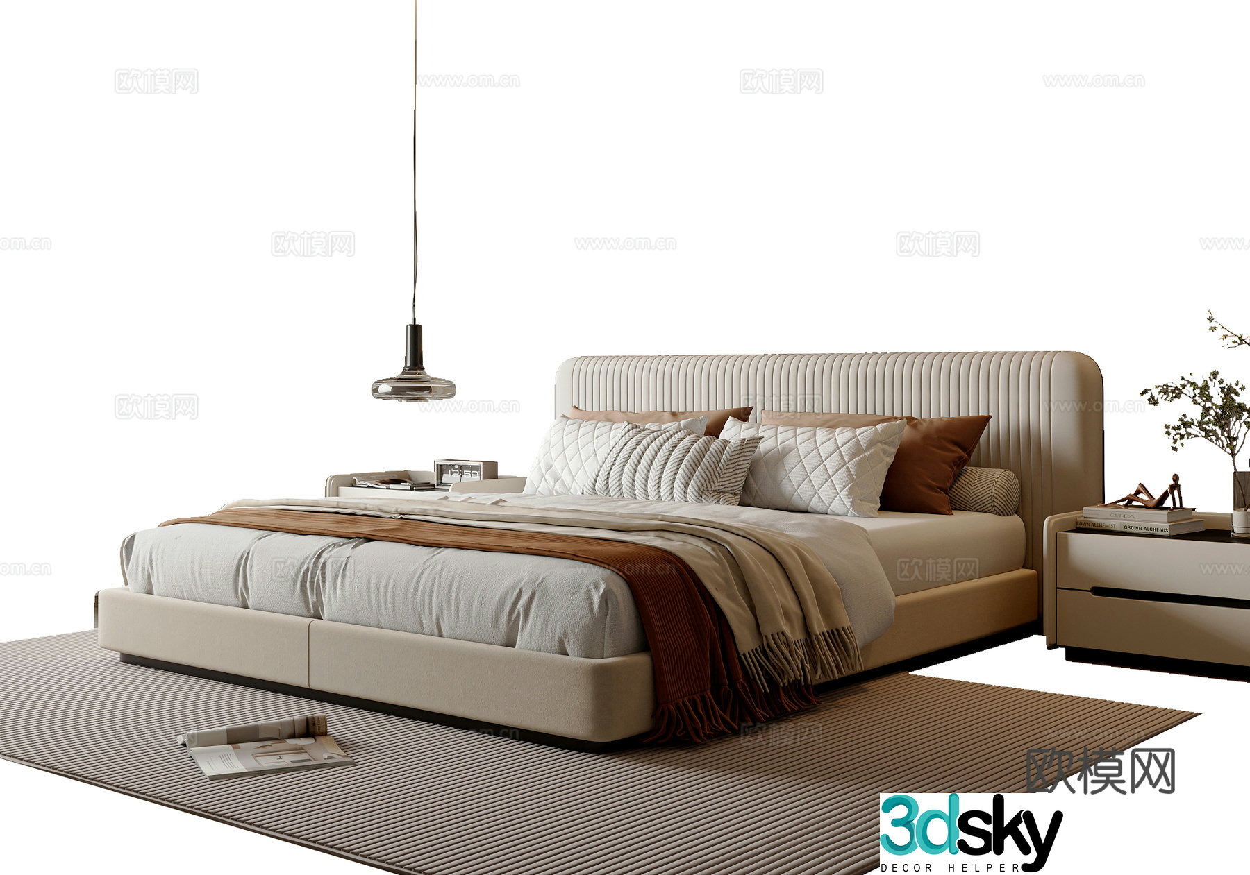 Modern simple double bed bedside table bedside chandeliers bedside table ornaments 3D model